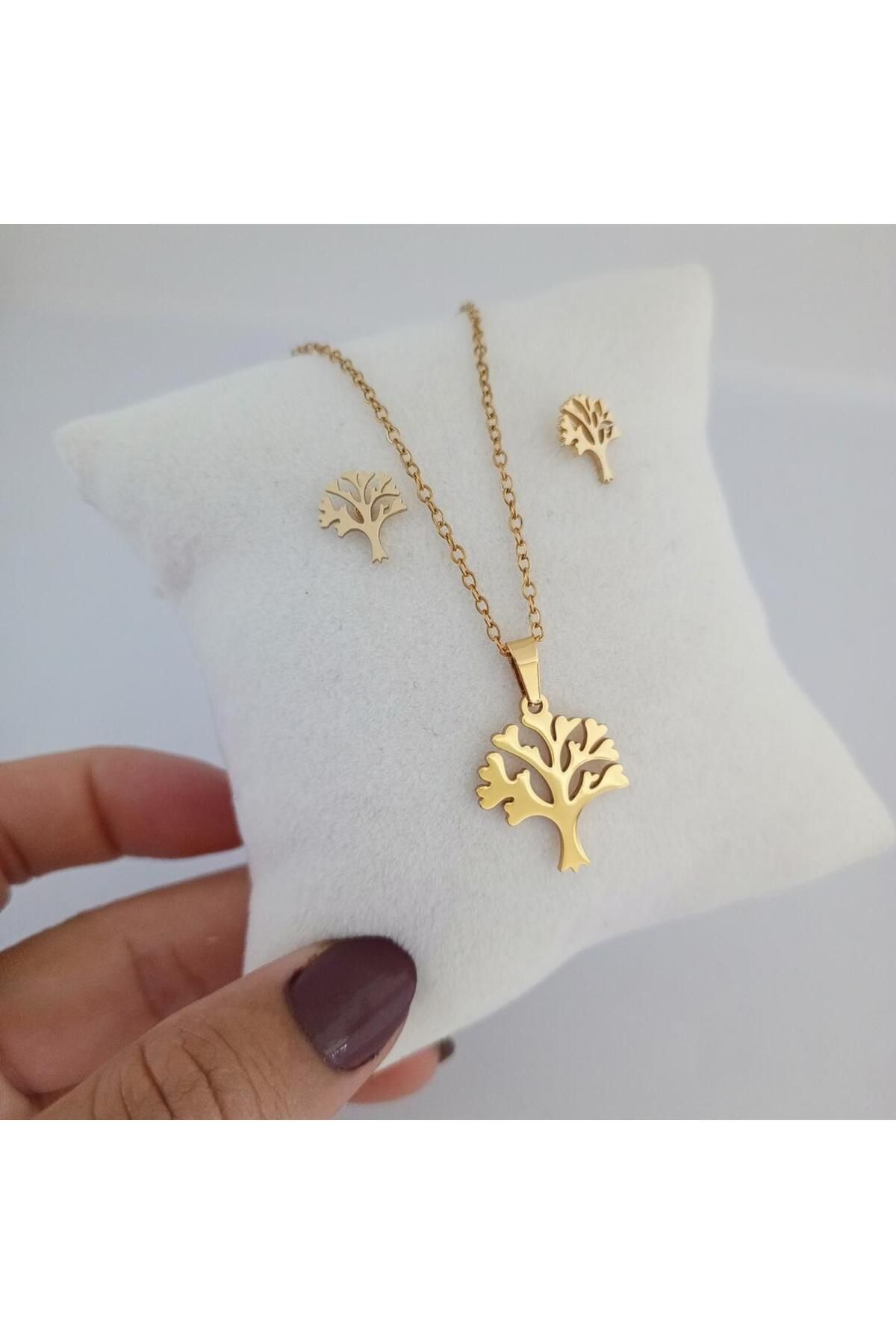 Ödül Moda Çelik Gold Yaşam Ağacı Kolye Küpe Seti