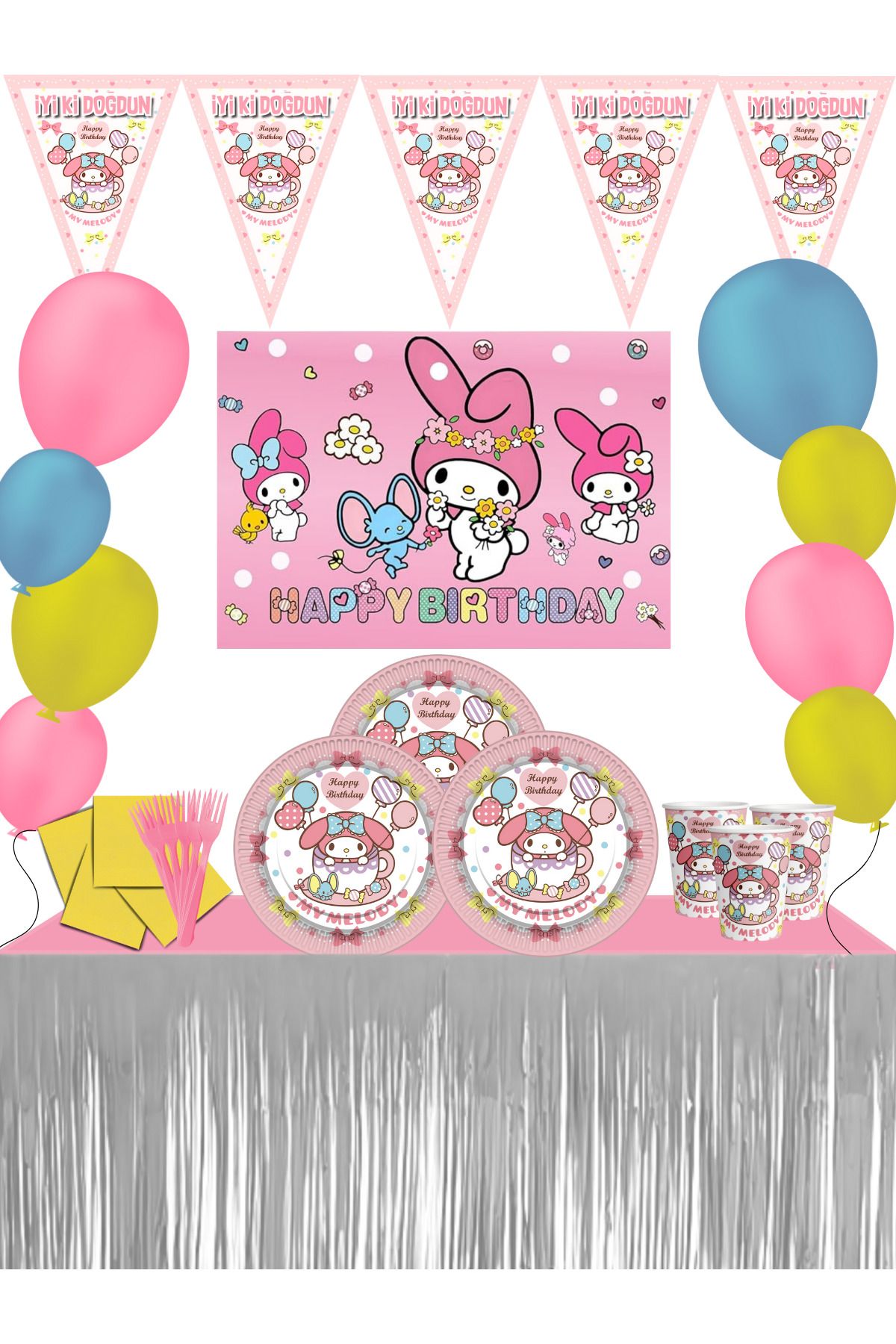 snowparty My Melody Afişli Metalize Masa Etekli My Melodi Doğum Günü Parti Malzemeleri Süsleri Seti