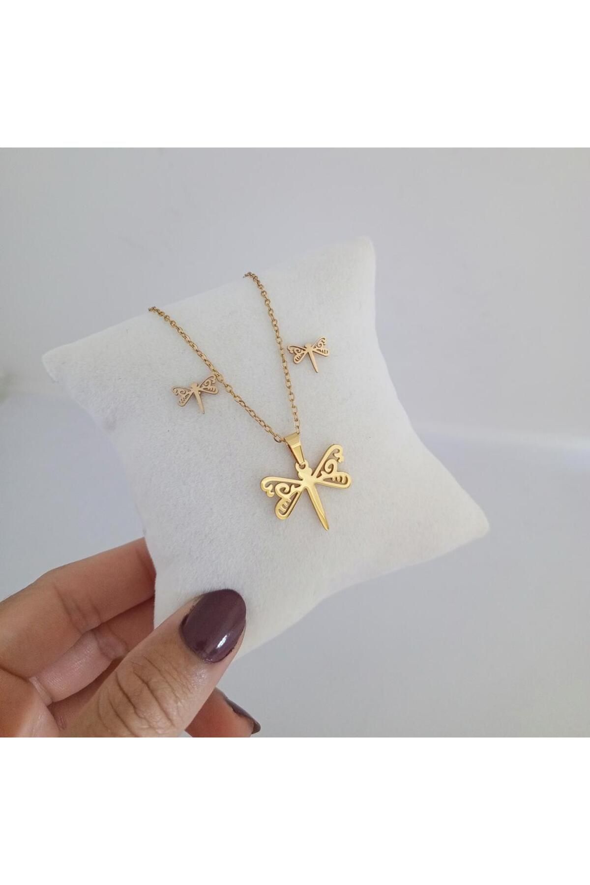 Ödül Moda Çelik Gold Yusufçuk kolye küpe seti