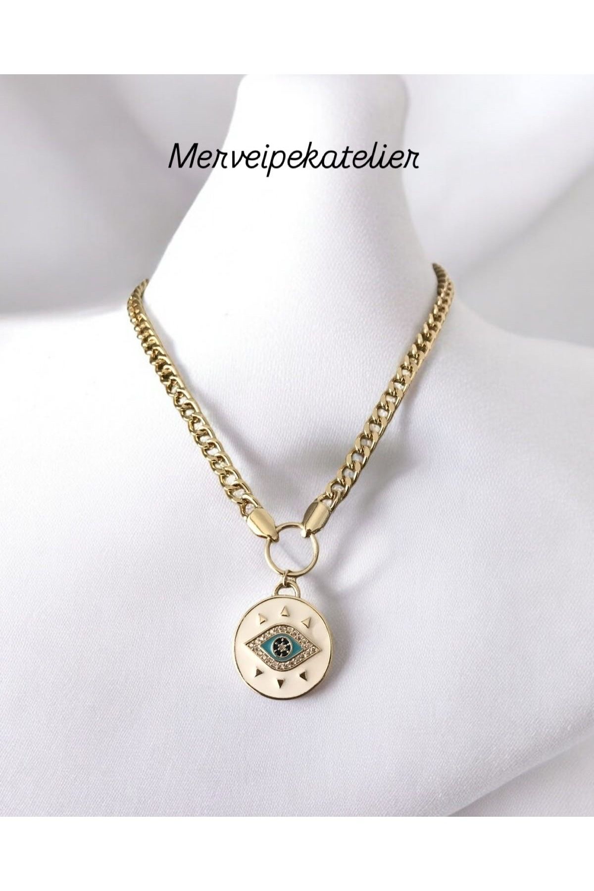 shop PASLANMAZ ÇELİK GÖZ DETAYLI BEYAZ TABAKA TAŞLI KALIN ZİNCİRLİ KOLYE