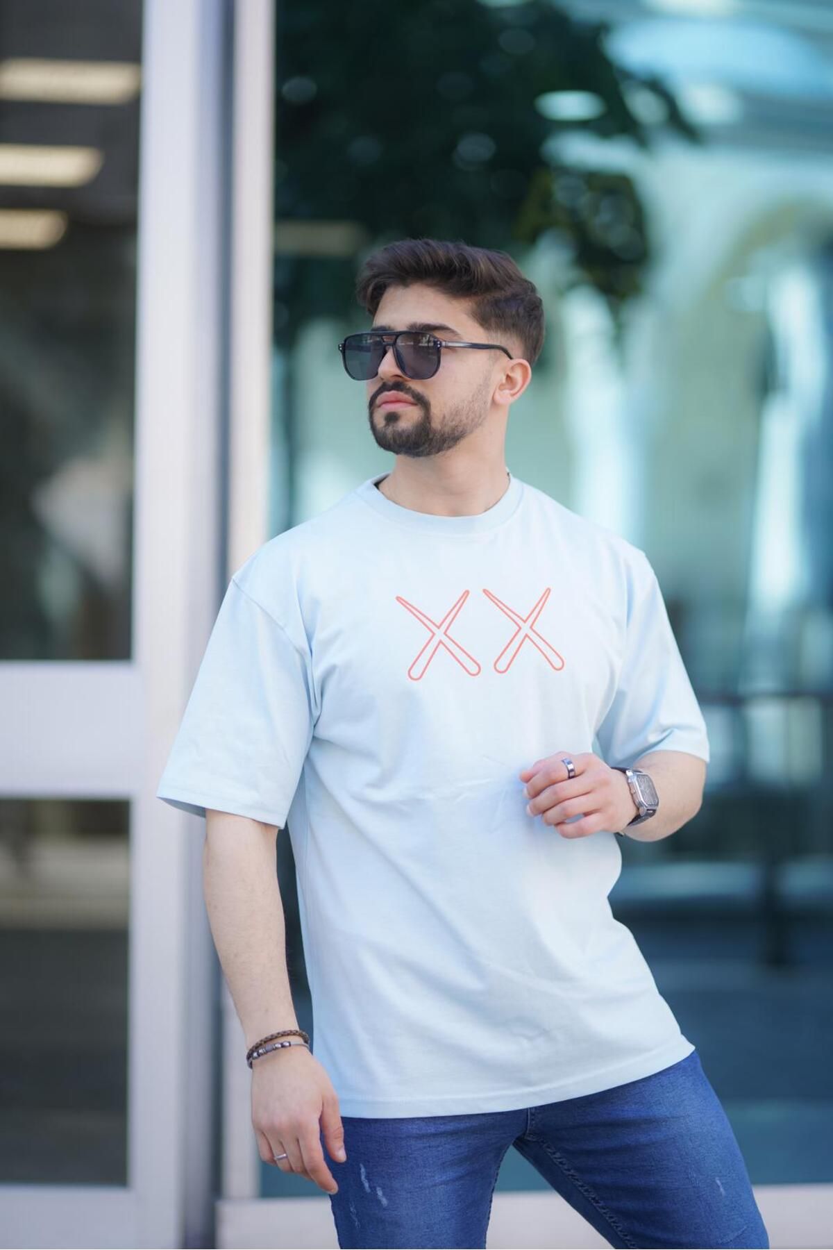 Butik Unisex Ön Arka Baskılı Açık Mavi Bisiklet Yaka Oversize Salaş Tişört