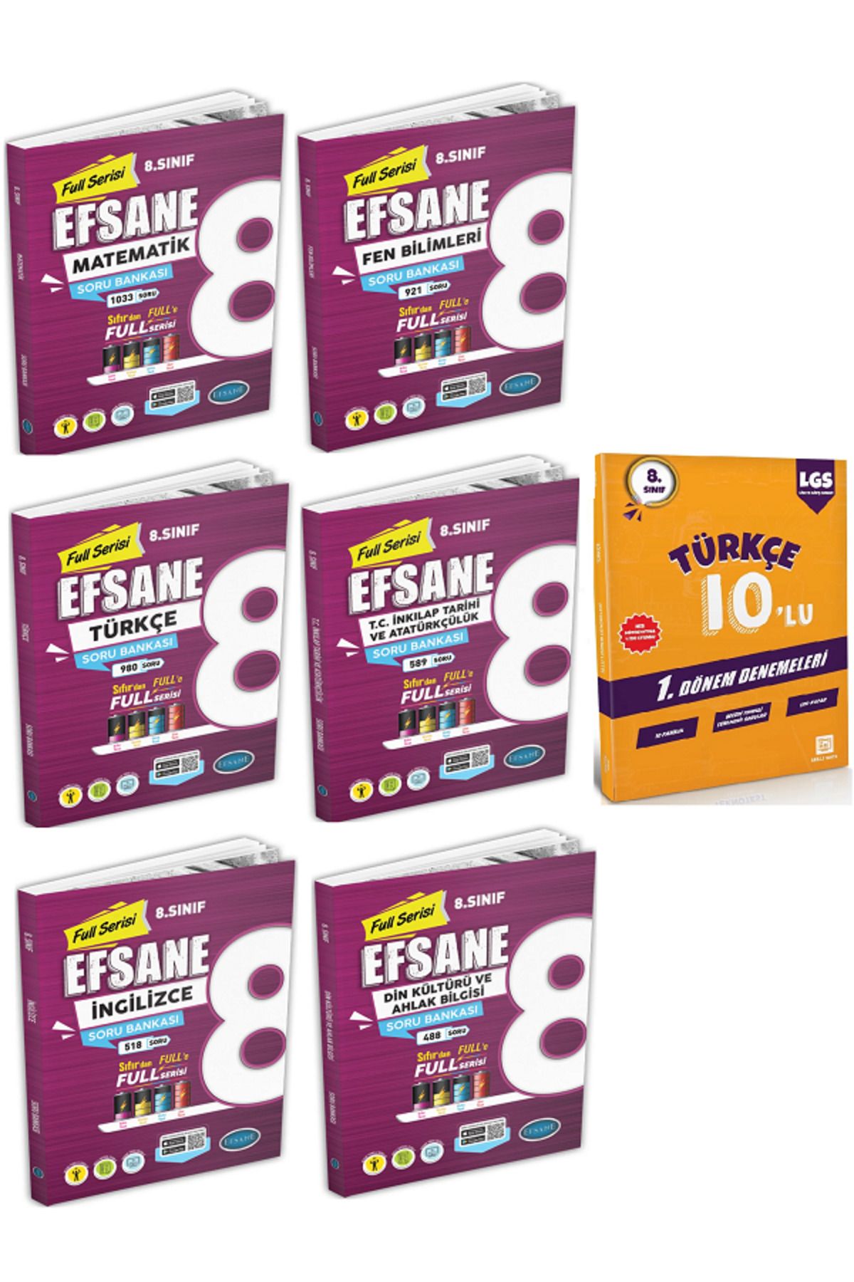Efsane Yayınları 8.Sınıf Matematik + Fen + Türkçe + Din + İngili Soru Bankası + 8.Sınıf 10'Lu Türkçe Deneme - 7 KİTAP