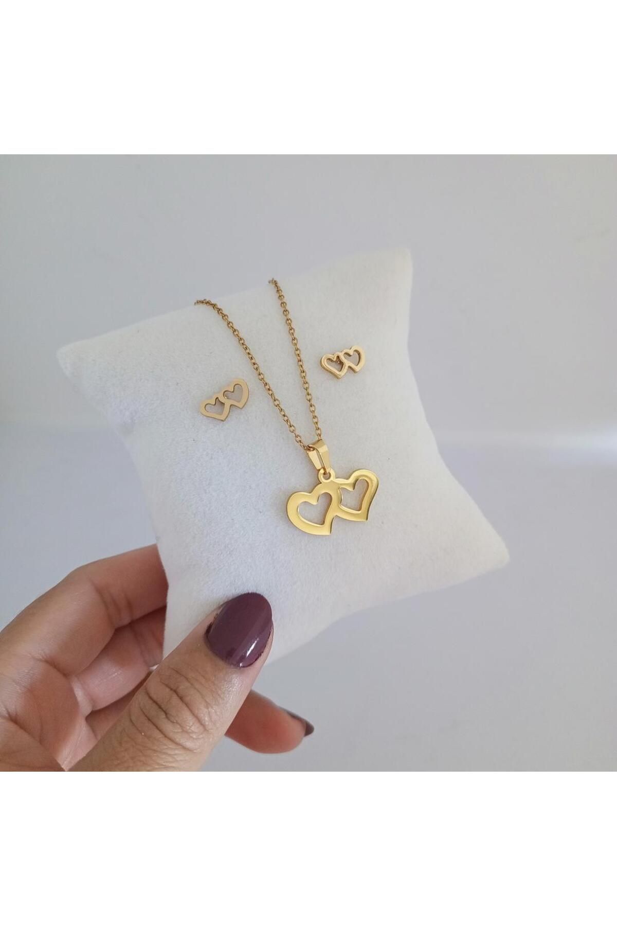 Ödül Moda Çelik Gold Kalpli kolye küpe seti