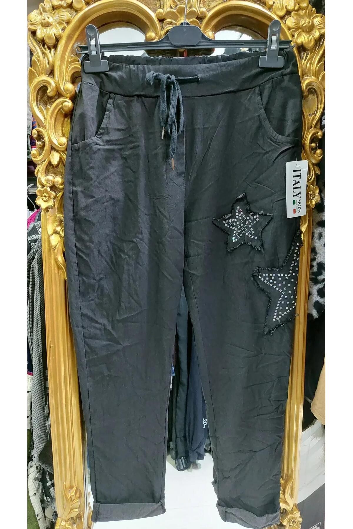 Butik Ayseba Park Moda Siyah Kadın Taşlı Yıldızlı İtalyan Pantolon