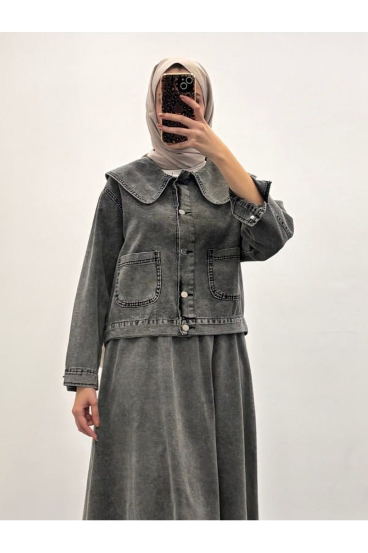 Suede Style 9135 - Bebe Yaka Çift Cepli Rahat Şık Kadın Kot Ceket