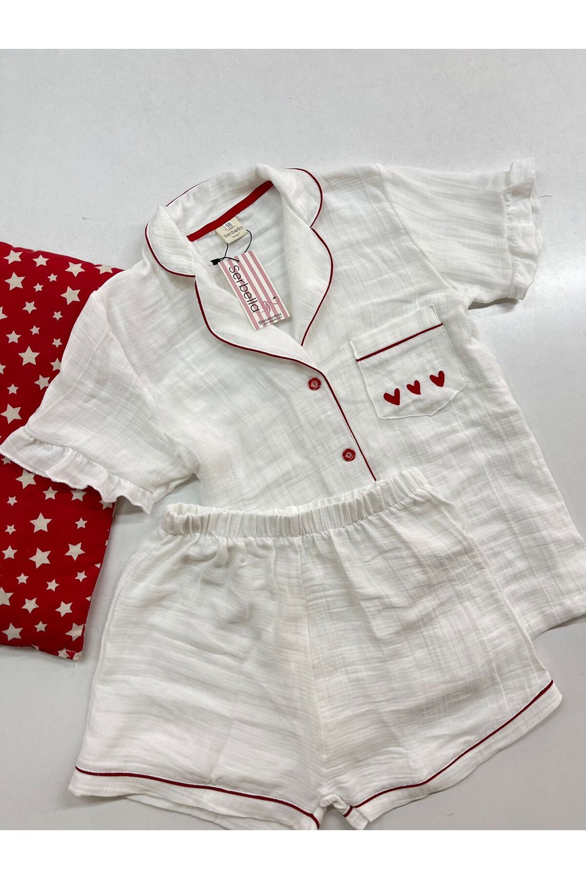 Serbella Red Love Beyaz Organik Müslin Şortlu Pijama Takım Pamuk Terletmeyen