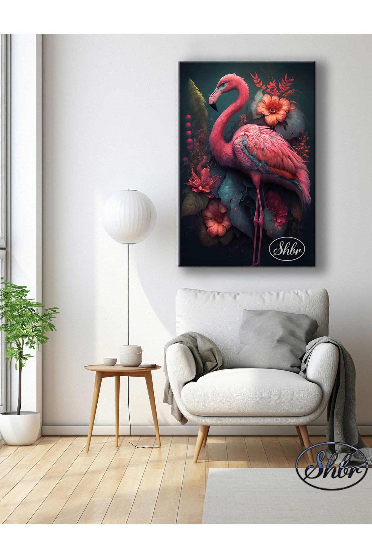 Şehber Tekli Dikey Kanvas Tablo Flamingo Ve Çiçekler Renkli Dekoratif Kanvas Duvar Tablosu