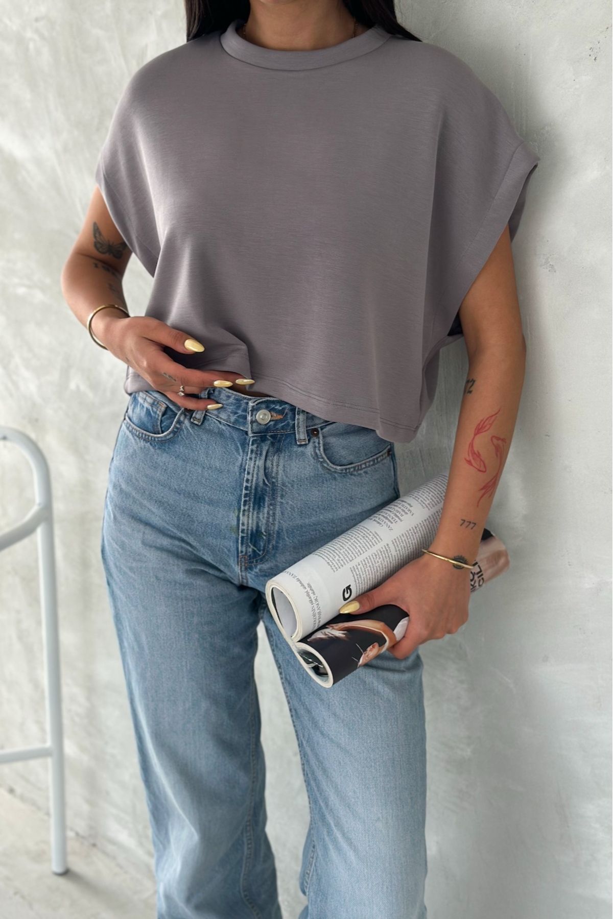 FEMELLE Kadın Antrasit Yuvarlak Yaka Modal Kumaş Basic T-shirt