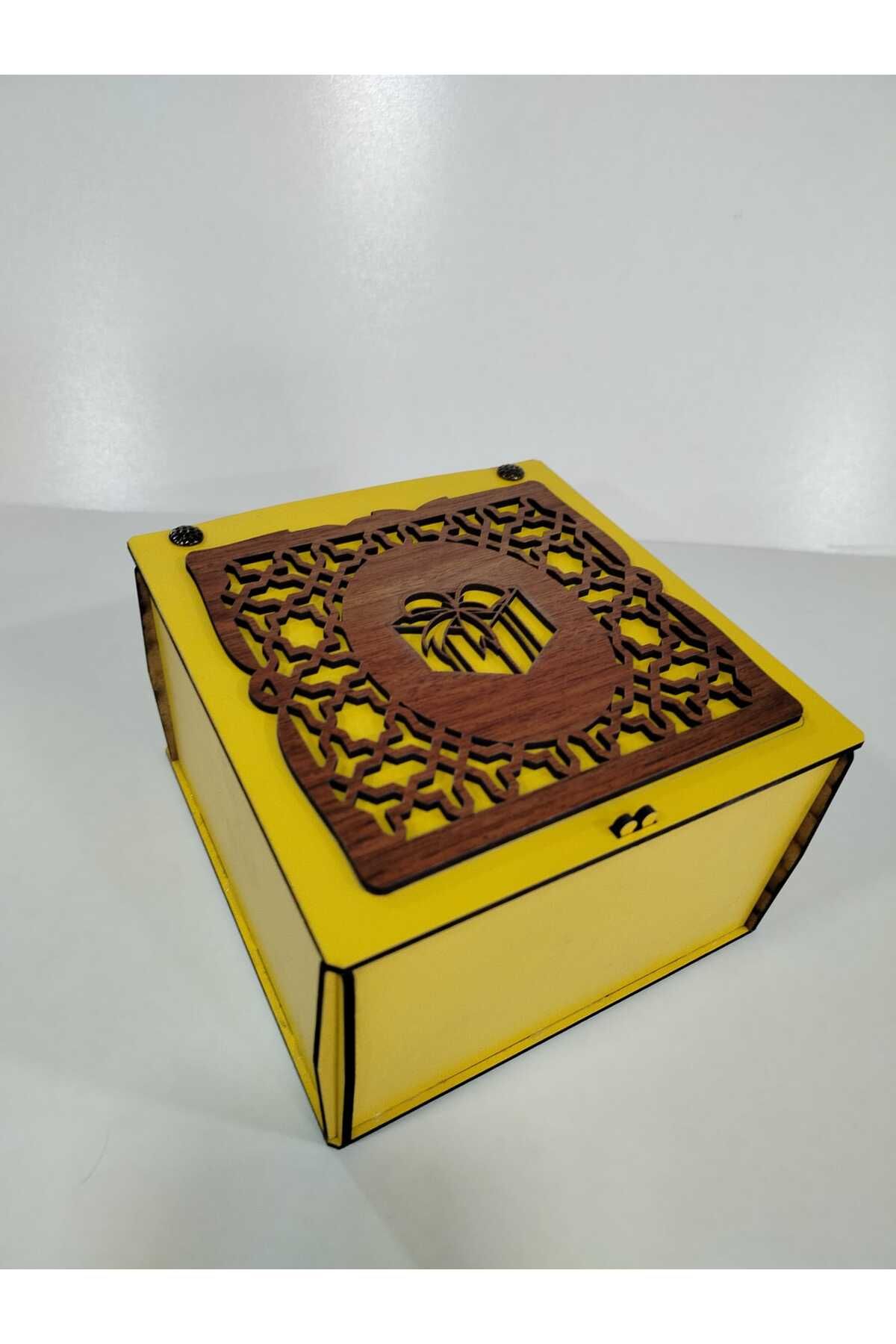 Vuslat Hediyelik SARI AHŞAP HEDİYE KUTUSU KAHVERENGİ DEKOR (15X15 CM) 9 CM YÜKSEKLİK