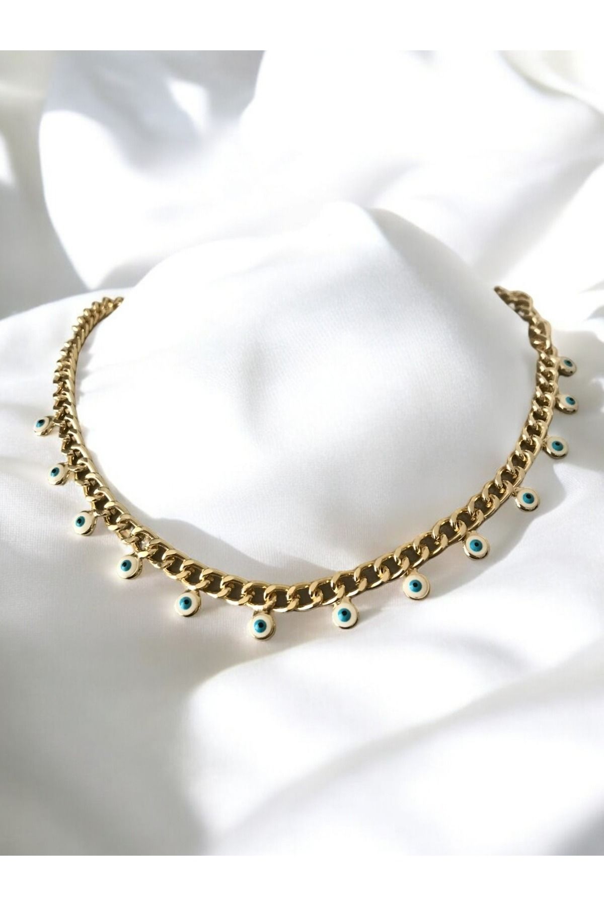 shop PASLANMAZ ÇELİK MİNİ NAZAR BONCUKLU GOLD KALIN ZİNCİRLİ KARARMAZ KOLYE