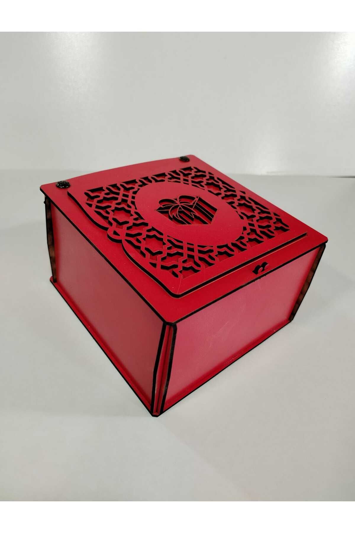 Vuslat Hediyelik KIRMIZI AHŞAP HEDİYE KUTUSU KIRMIZI DEKOR (15X15 CM) 9 CM YÜKSEKLİK