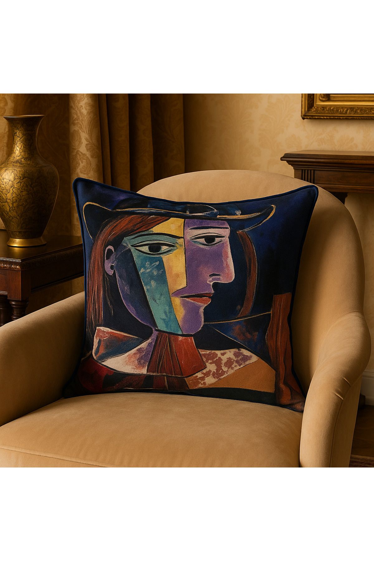 Pisofty Picasso Stilinde Dokuma Kırlent Yastık Kılıfı - Modern & Renkli Yüz Tasarımı (43x43 cm)