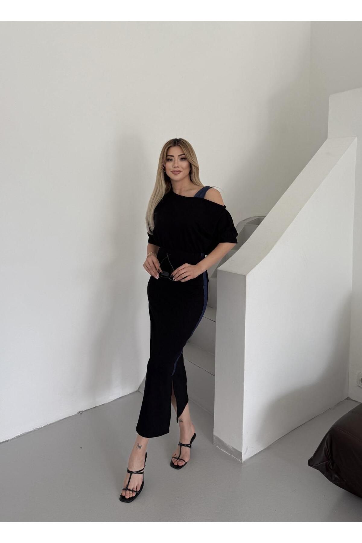 QİMYA BUTİK BUKETLİ Kadın Şerit Detaylı Tek Omzu Açık Bluz ve Beli Lastikli Etekli İkili TAKIM