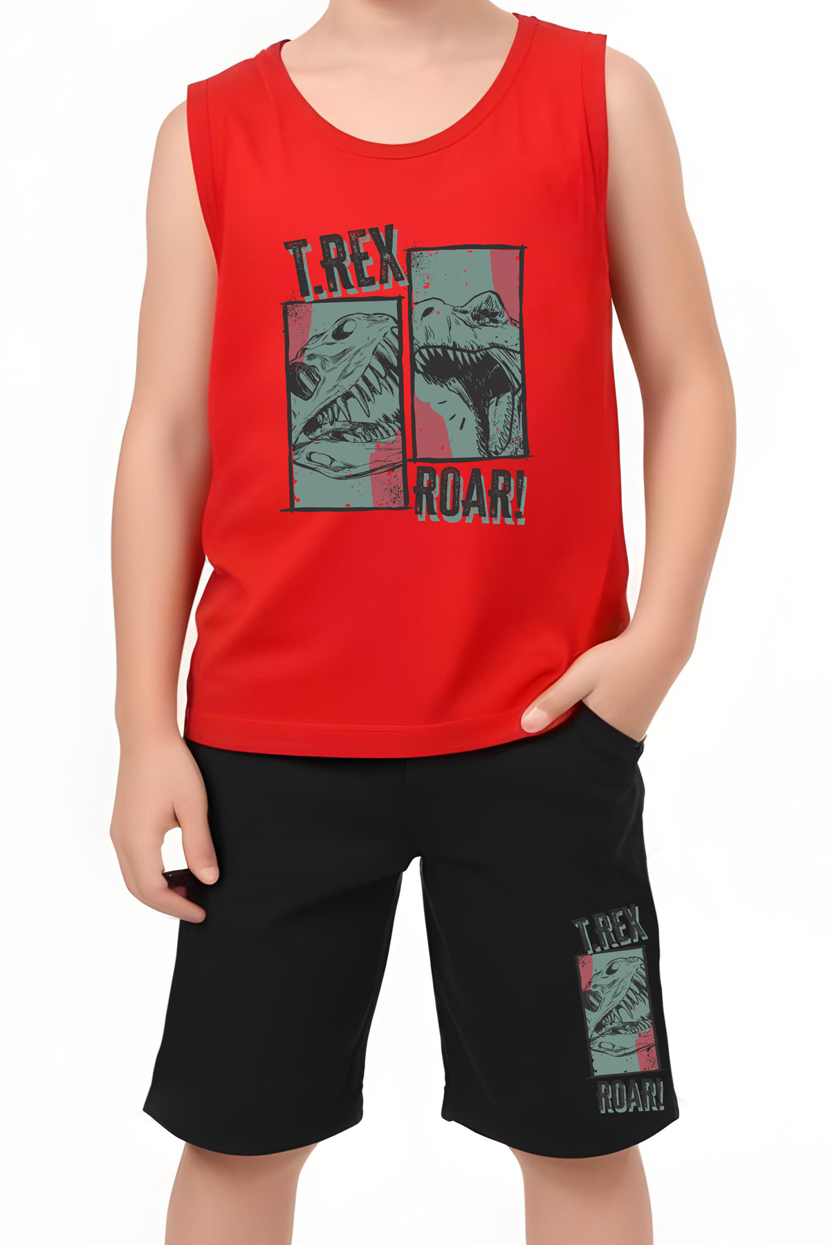FYK KİDS-Boy's Printed Zero Sleeve Trex Roar Top-Bottom Suit 4