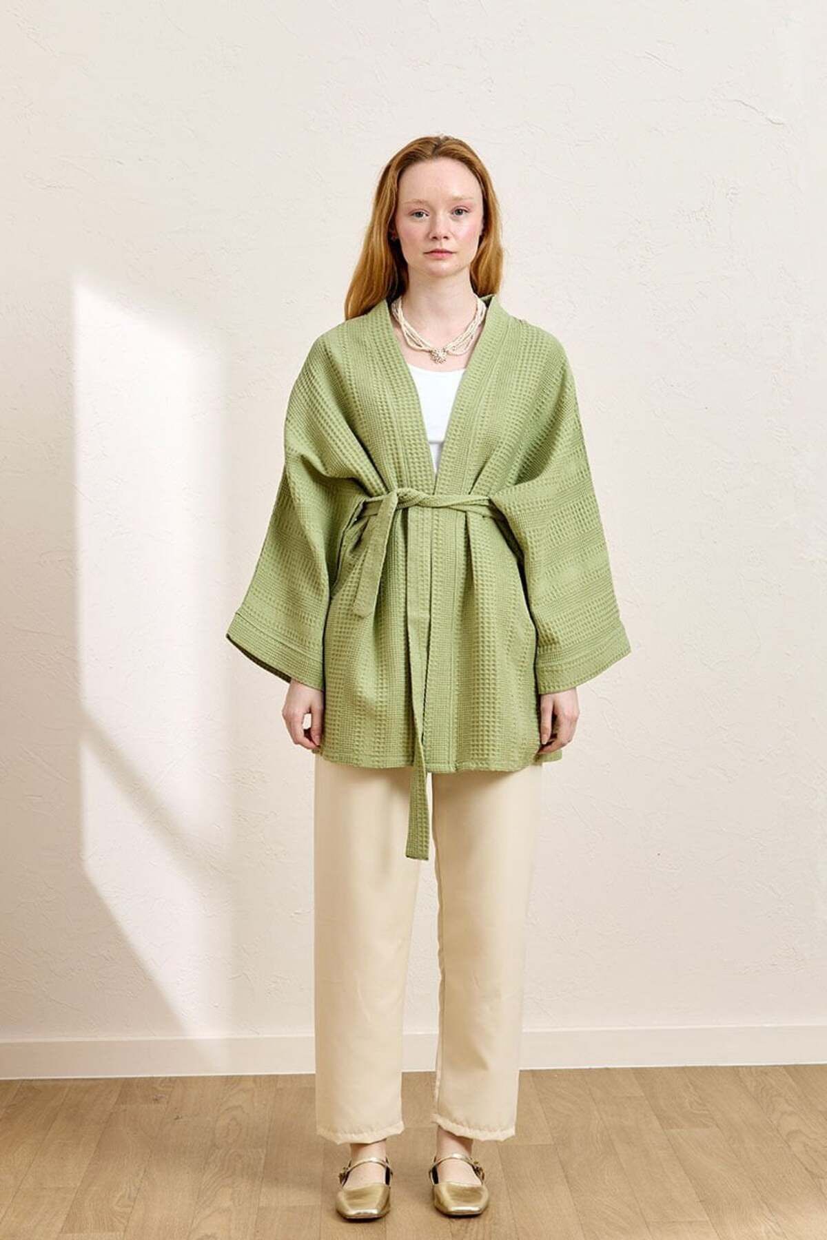 Ceylan Otantik Fıstık Yeşili Waffle Kısa Kimono