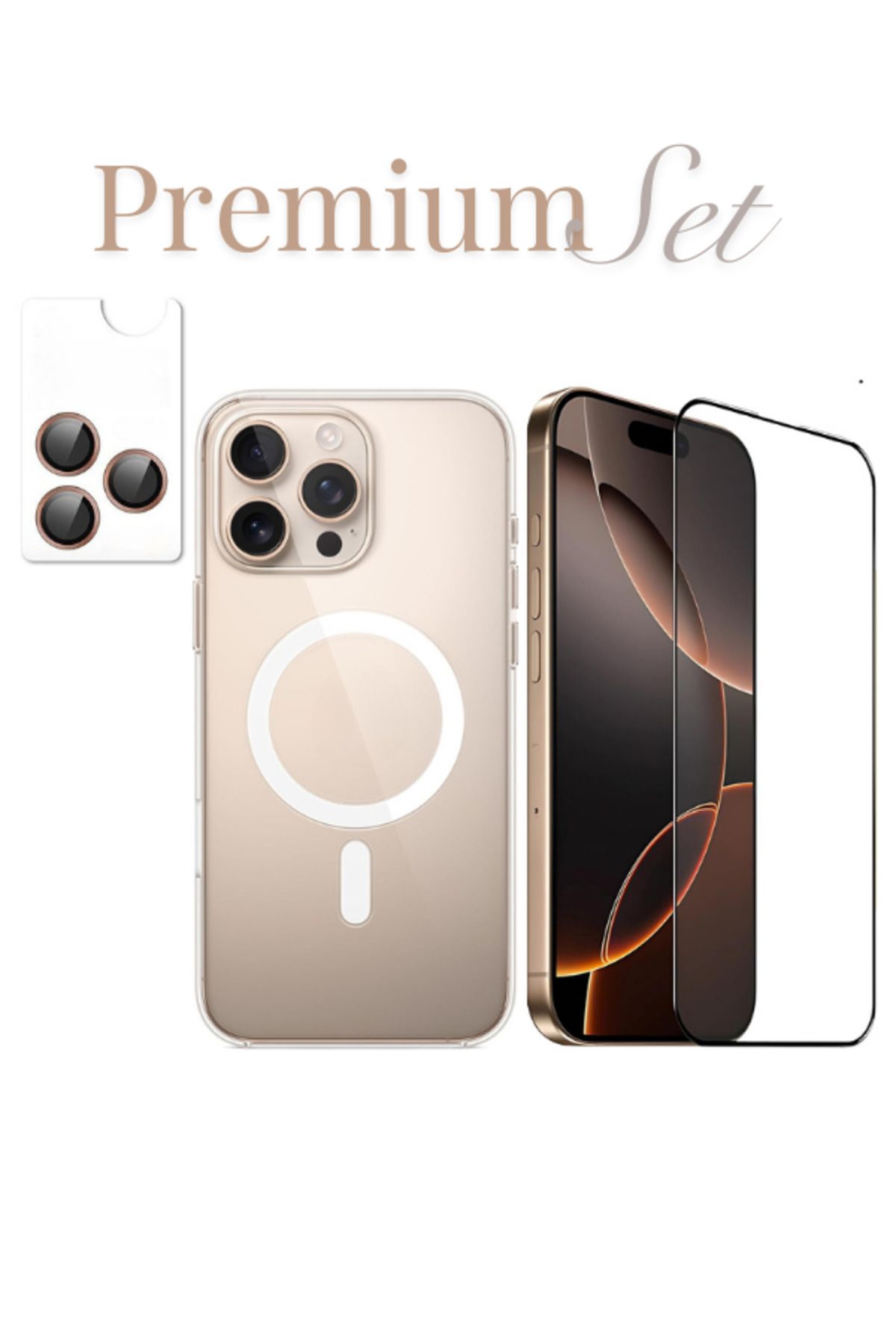 EVAX (PREMIUM SET) 16 Pro Max Uyumlu Armor Tam Ekran Koruyucu + (IC) MagSafe Kılıf + Armor Lens Koruyucu