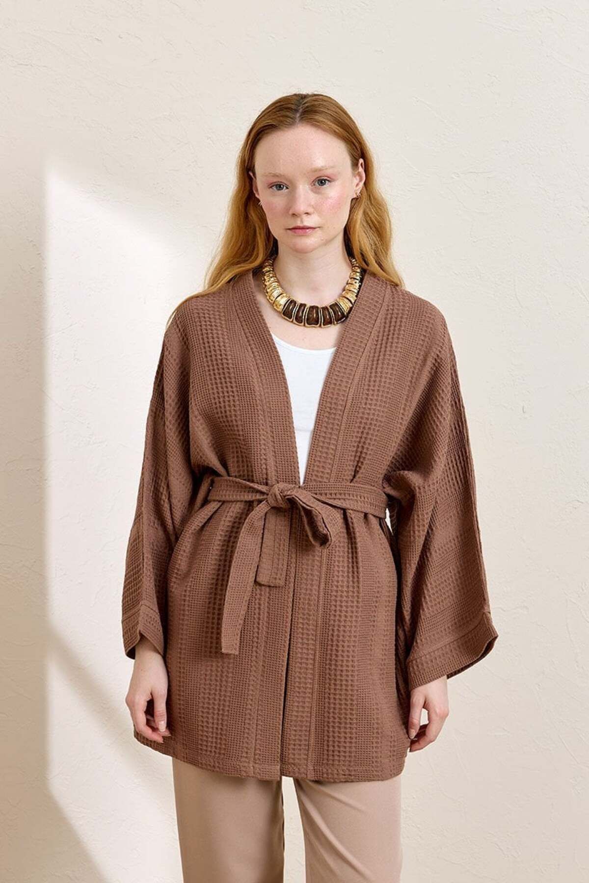 Ceylan Otantik Kahverengi Waffle Kısa Kimono
