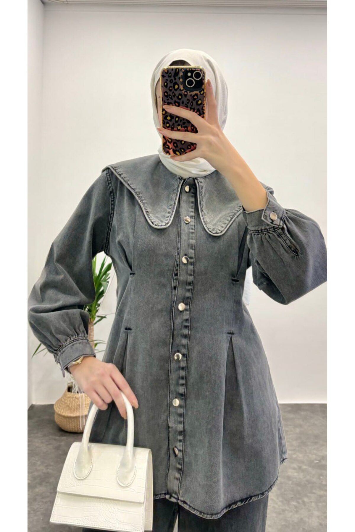 Suede Style 9210 - Denizci Yaka Uzun Rahat Şık Kadın Kot Ceket