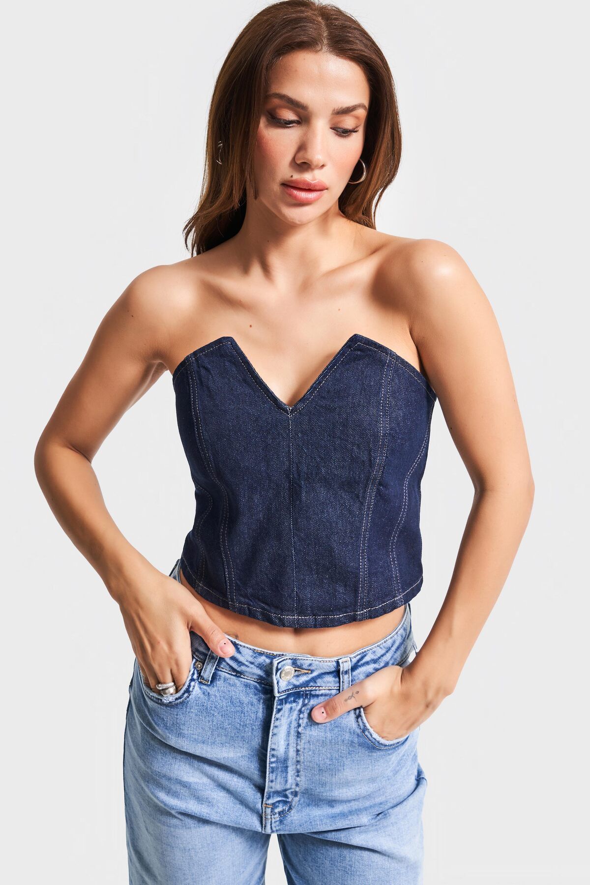 its basic Kadın İndigo Renk 7s5-50 Straplez %100 Koton Denim Büstiyer