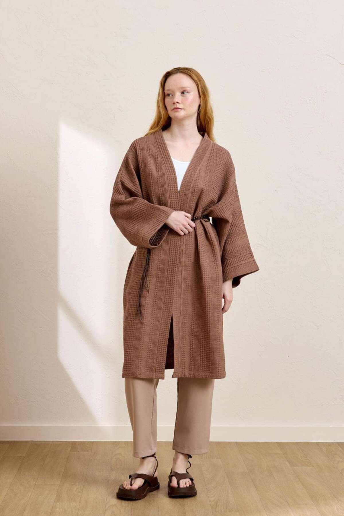 Ceylan Otantik Kahverengi Waffle Uzun Kimono