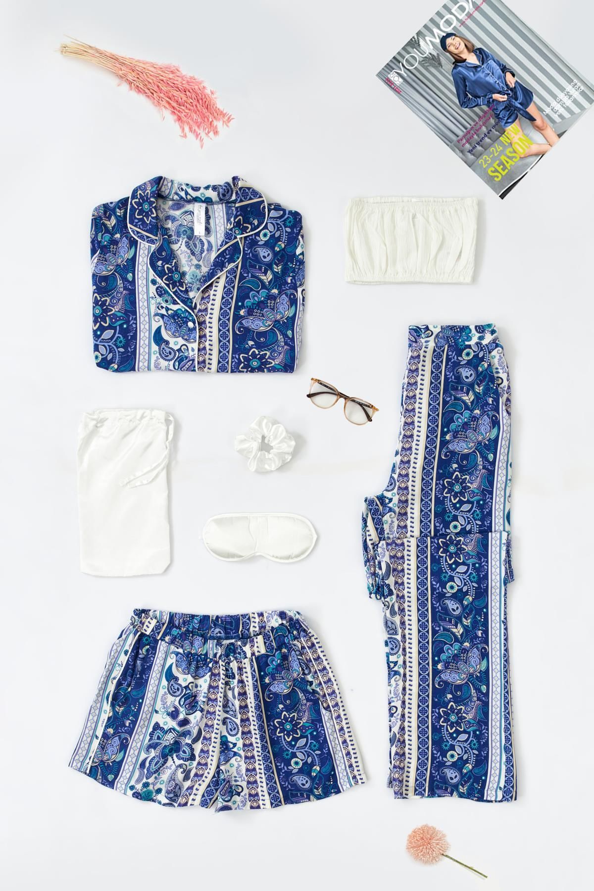 FOR YOU MODA 7'li Viskon Hem İçeride Hem Dışarıda Etnik Desen Mavi Pijama Takımı