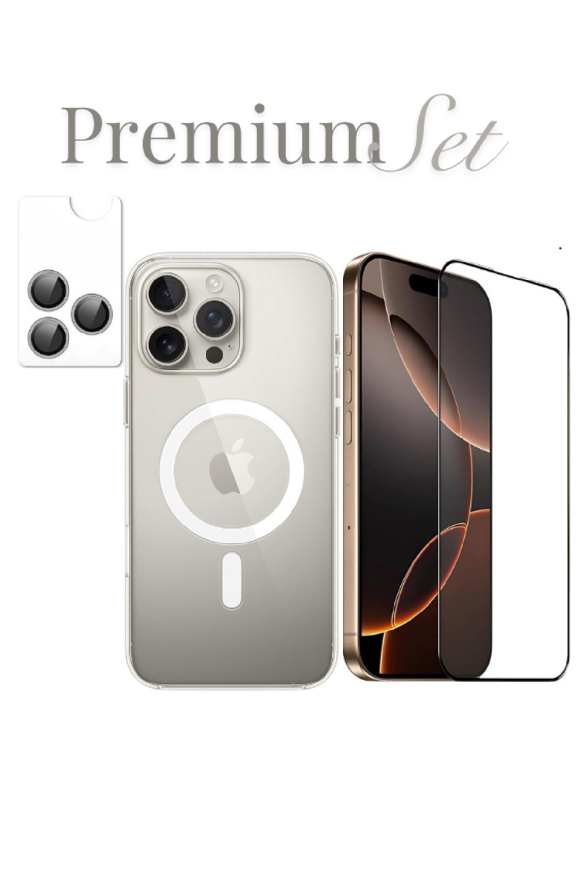 EVAX (PREMIUM SET) 16 Pro Max Uyumlu Armor Tam Ekran Koruyucu + (IC) MagSafe Kılıf + Armor Lens Koruyucu
