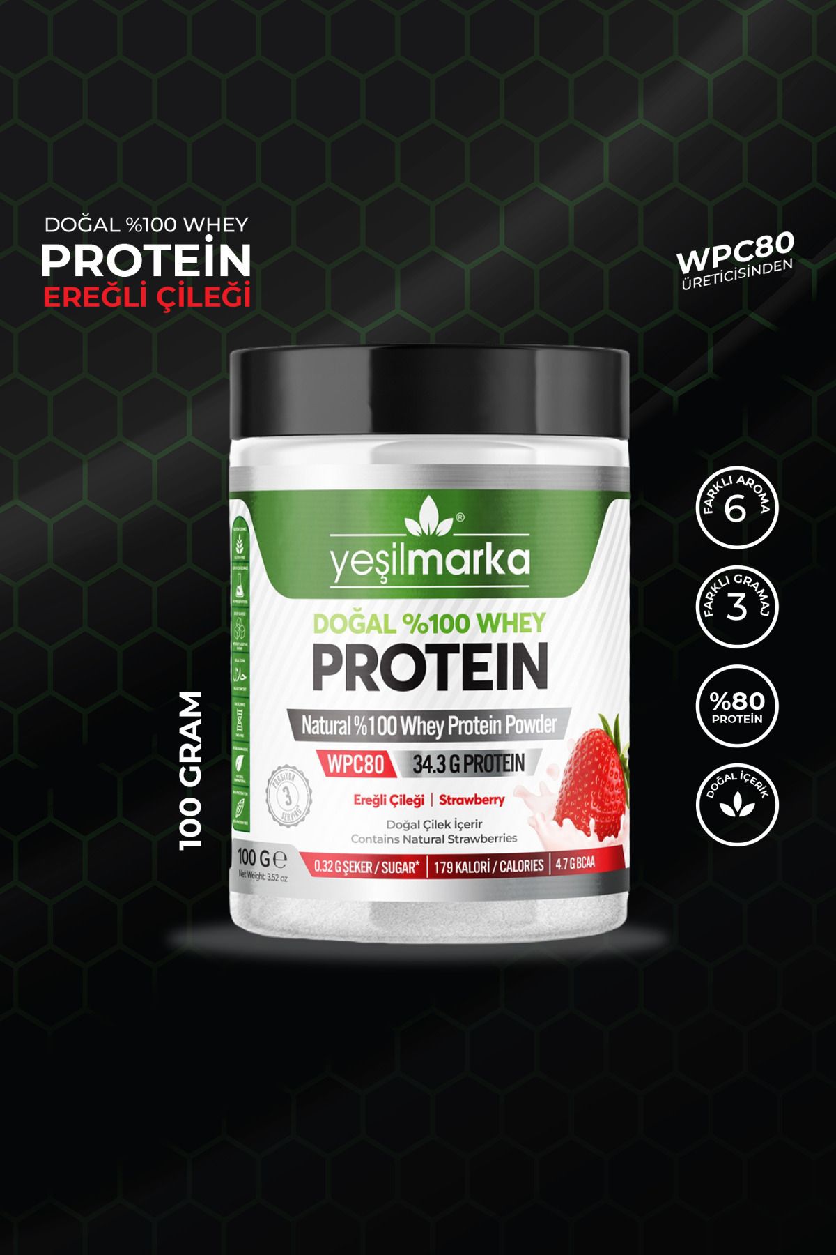 Doğal Whey Protein Tozu - Ereğli Çileği 100 g