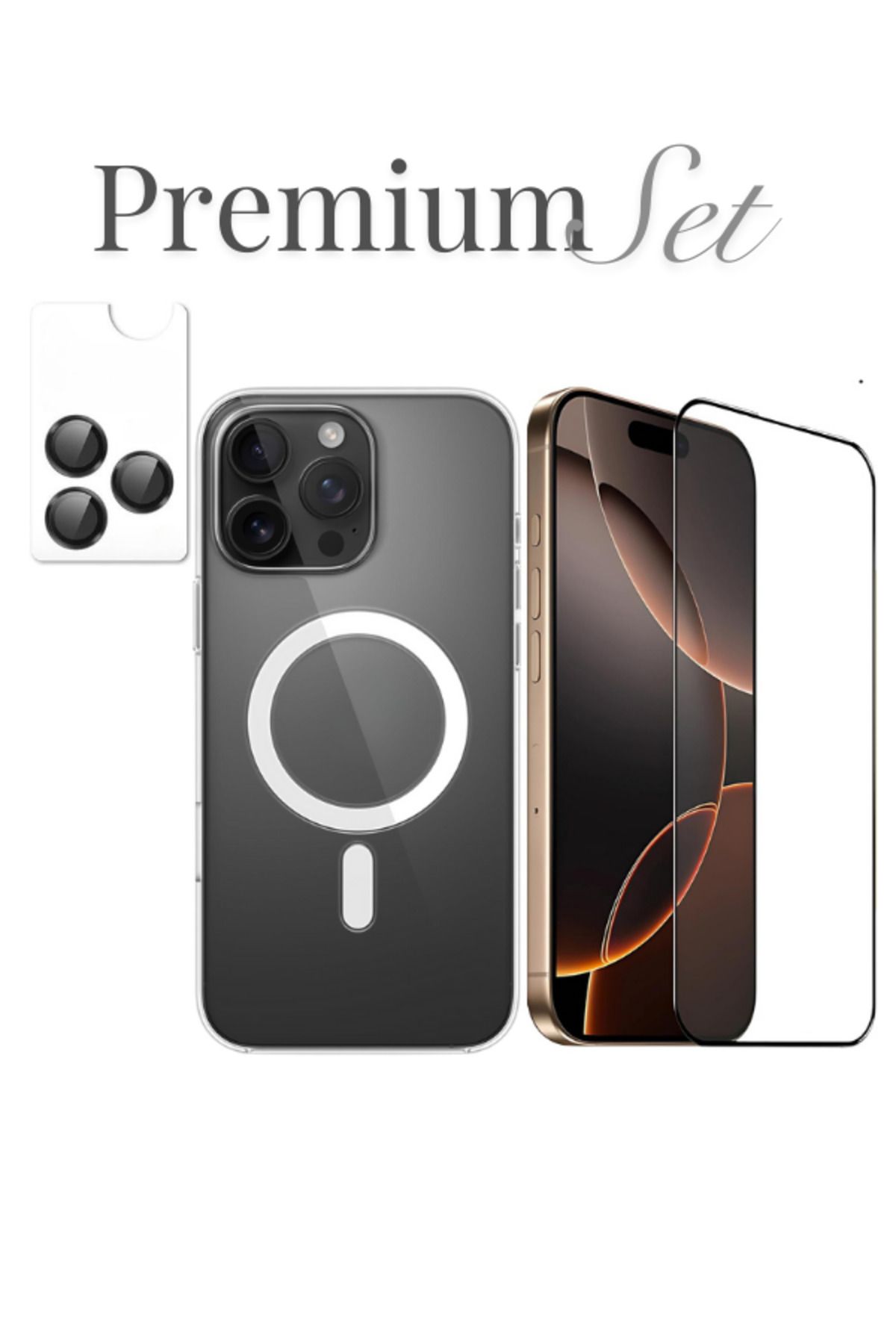 EVAX (PREMIUM SET) 16 Pro Max Uyumlu Armor Tam Ekran Koruyucu + (IC) MagSafe Kılıf + Armor Lens Koruyucu