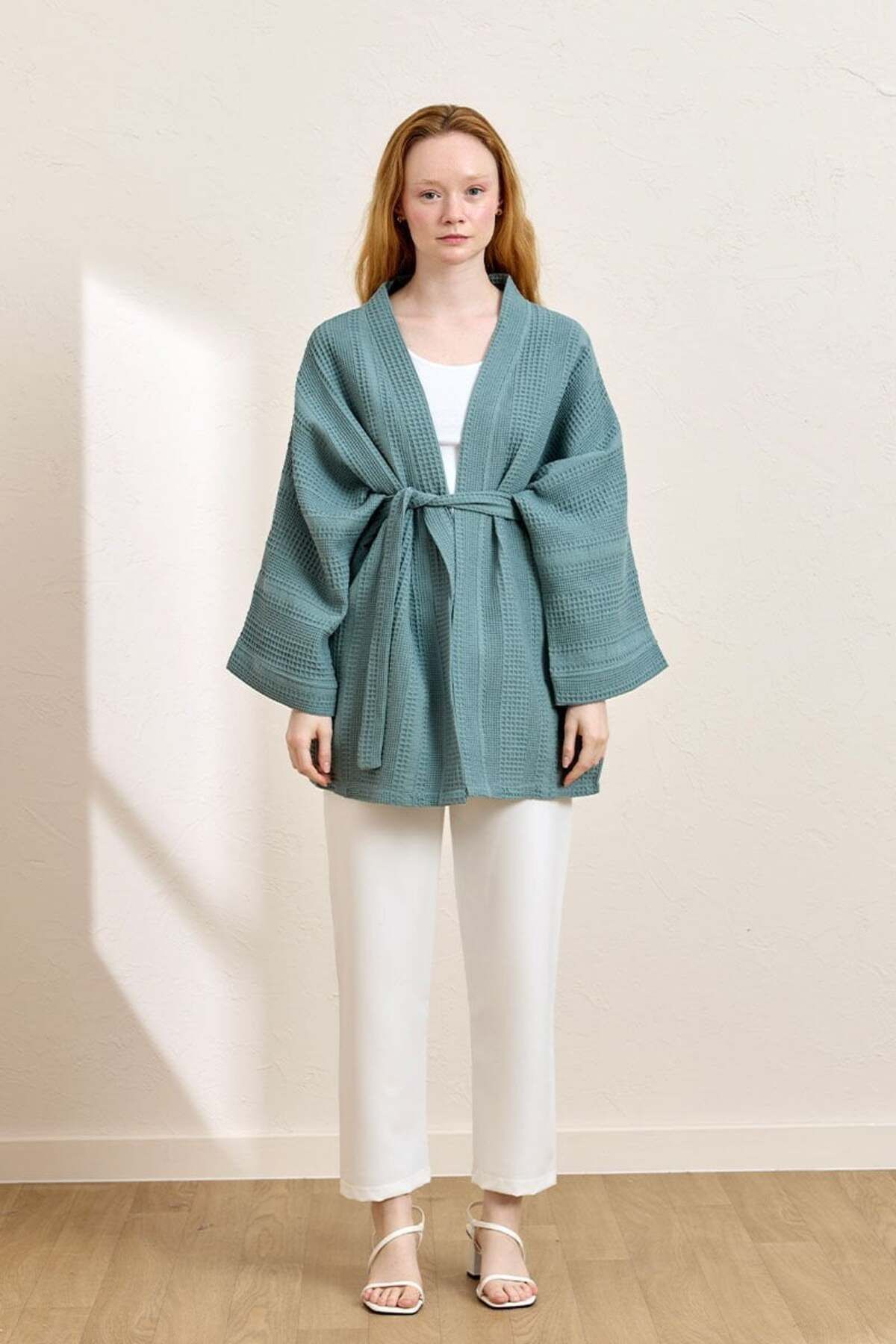 Ceylan Otantik Mint Yeşili Waffle Kısa Kimono
