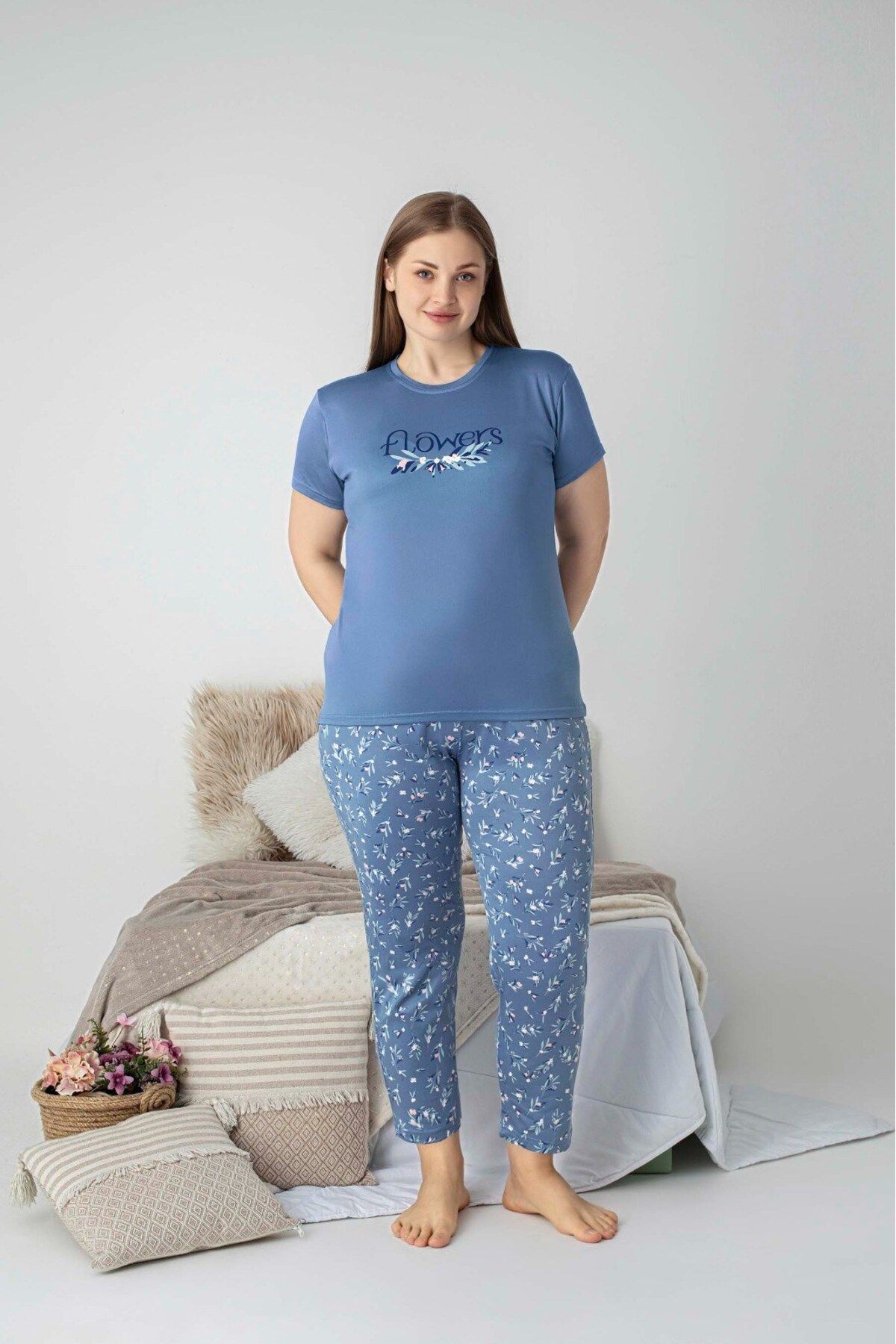 bie's Kadın Bisiklet Yaka Düğmesiz Battal Kesim Viskon Yazlık Kısa Kol Büyük Beden Pijama Takımı