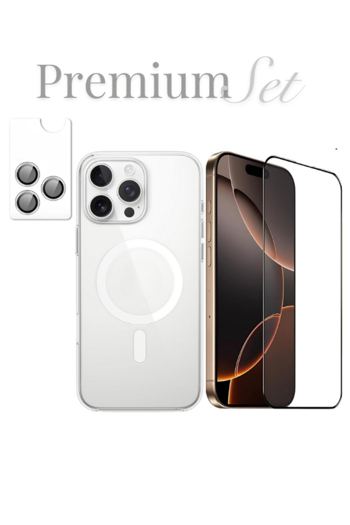 EVAX (PREMIUM SET) 16 Pro Max Uyumlu Armor Tam Ekran Koruyucu + (IC) MagSafe Kılıf + Armor Lens Koruyucu