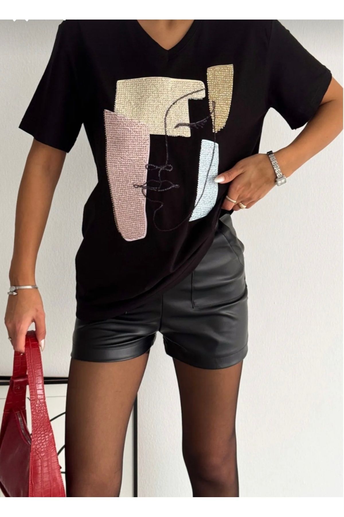 MODA Büyük beden Siyah taş yüz baskılı A kalite T-shirt