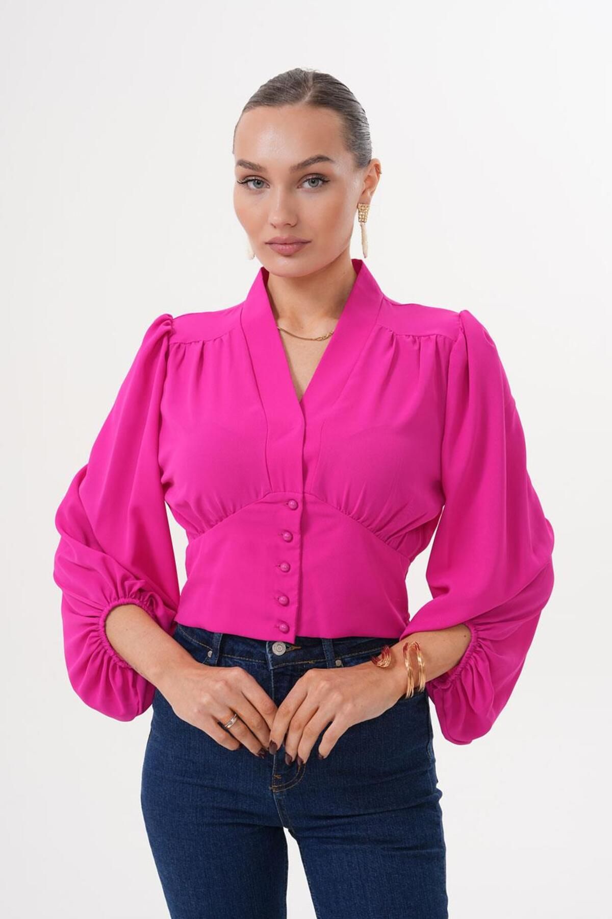 Flame İstanbul Butik Beli Korseli Gipe Detaylı Crop Fuşya Bluz AKS3450