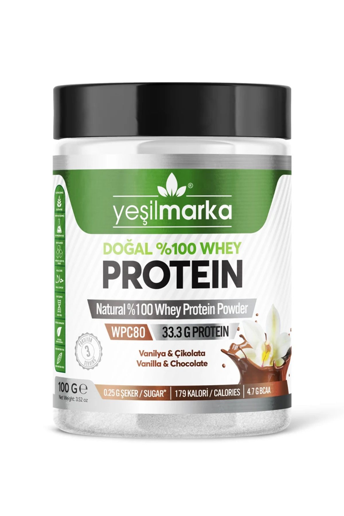 پروتئین وی پودر آب پنیر طبیعی وانیل کاکائو 100 گرم yeşilmarka