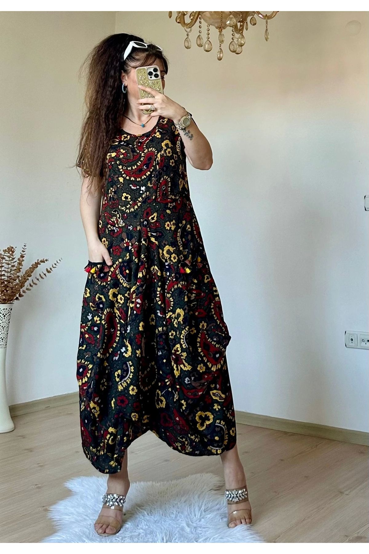 azra moda HAki Şal Desen Şalvar Elbise