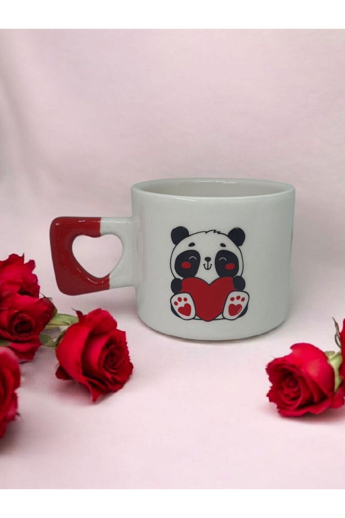 Simge Seramik Aşık Panda Çift Taraf Çizimli Kalp Kulplu El Yapımı Doğal Seramik Mug Kupa Fincan