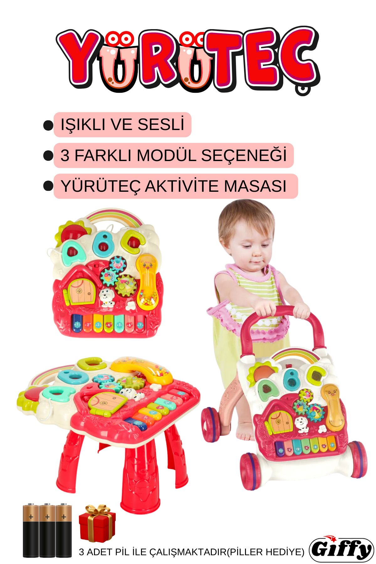 giffy Yürüteç Piyanolu Sesli Işıklı 4 Farklı Mod ile Yürümeye Yardımcı Aktivite Masası Fonksiyonlu Yürüteç