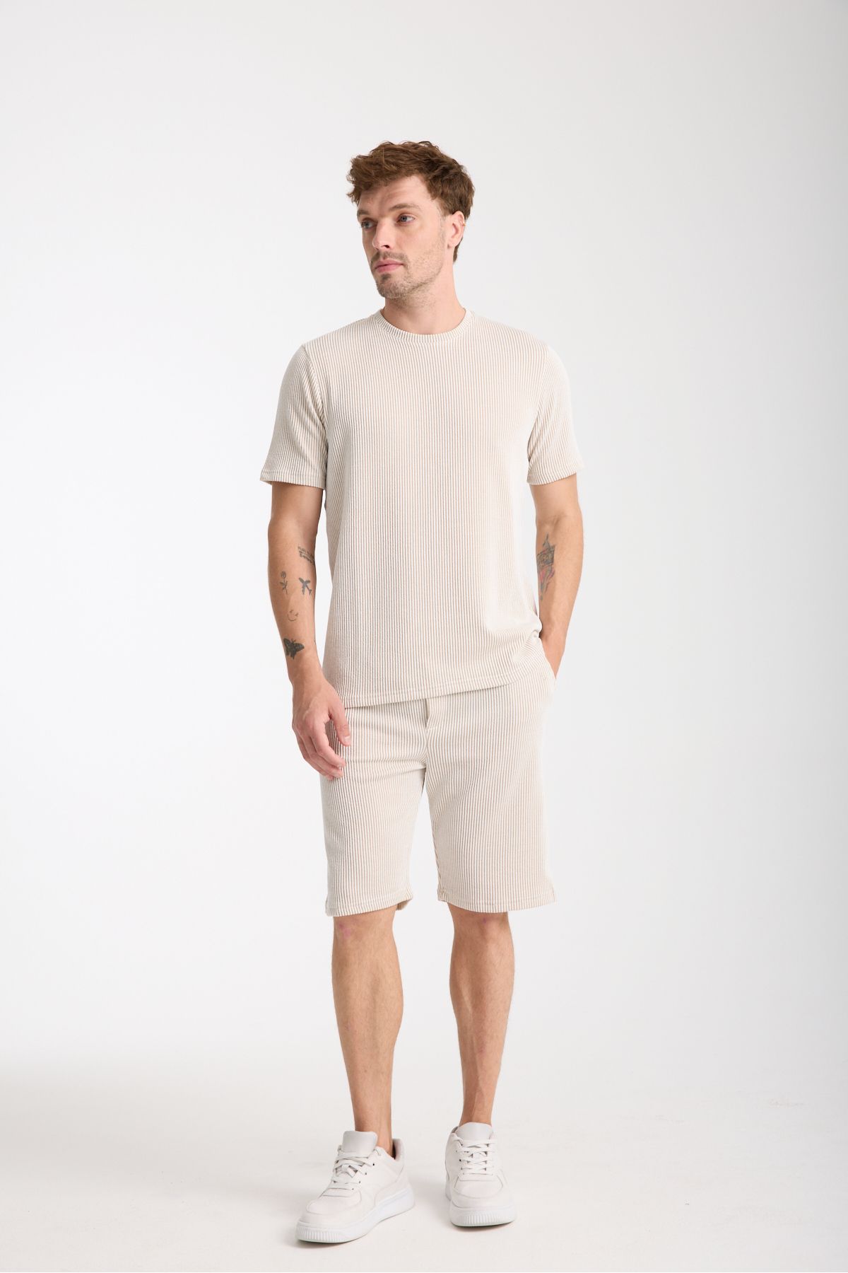 COOL TARZ Erkek Bej Basic Regular Alt Üst Şort Takım