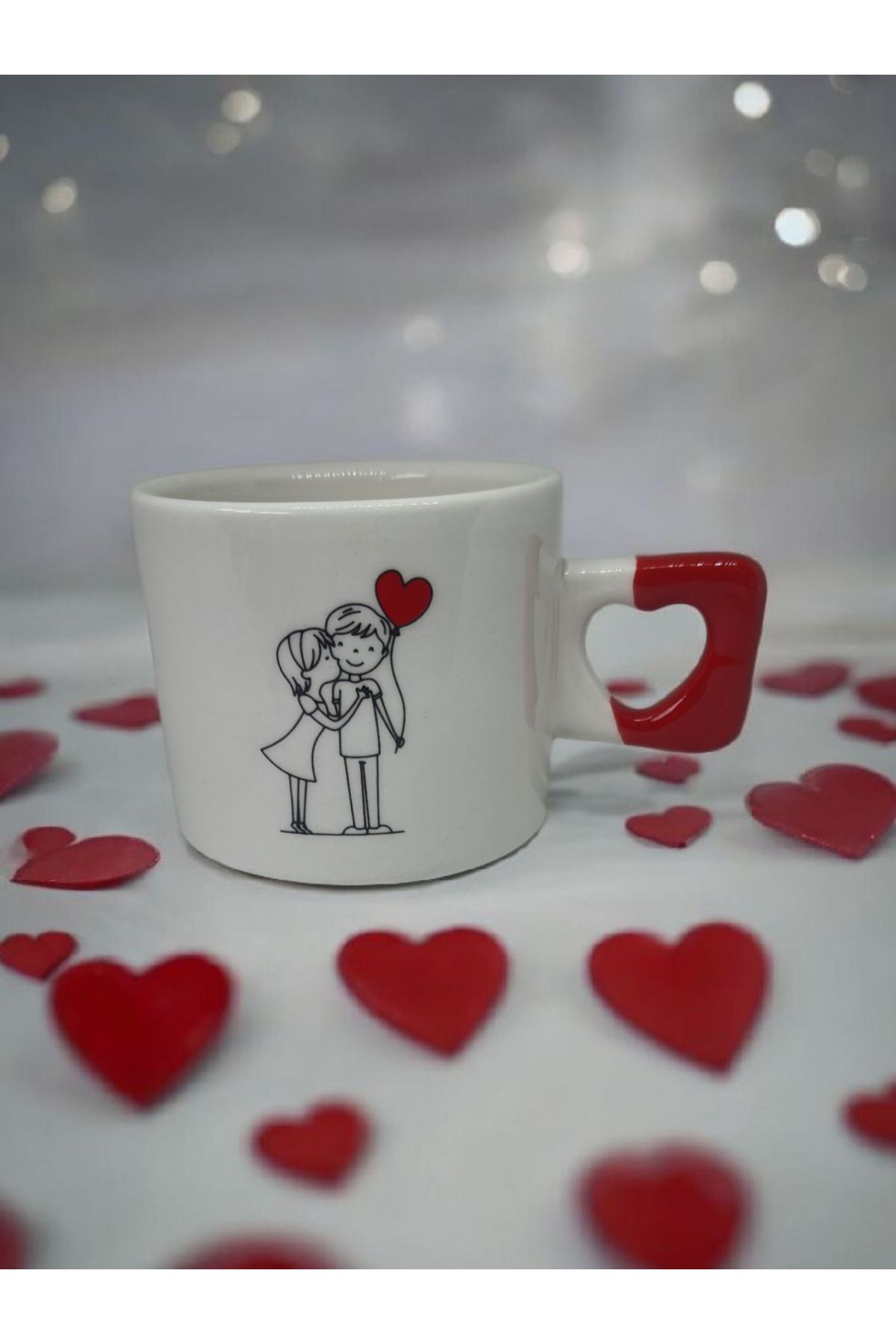 Simge Seramik Romantik Çift Çift Taraf Çizimli Kalp Kulplu El Yapımı Doğal Seramik Mug Kupa Fincan
