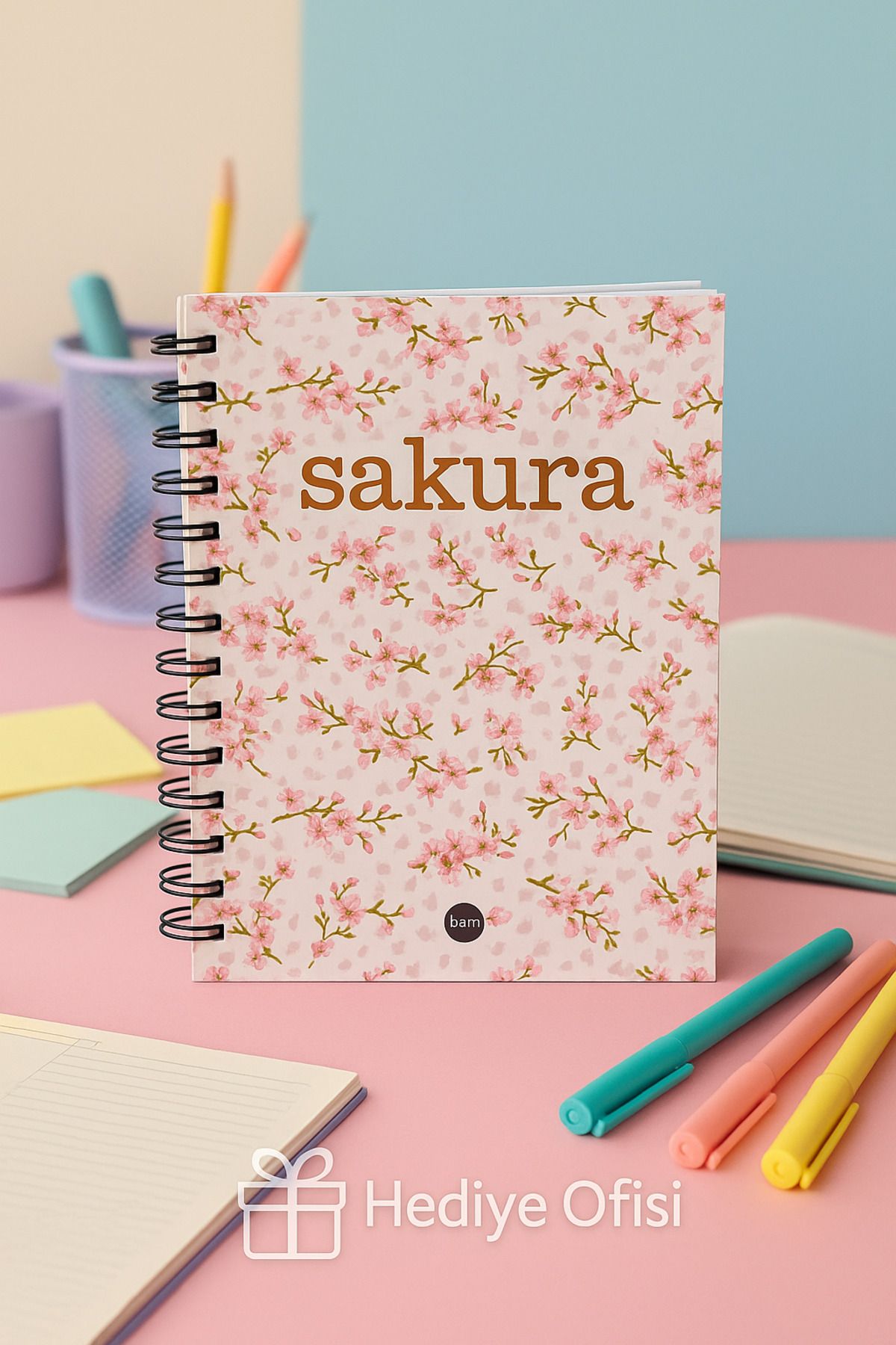 hediyeofisi Sakura Tasarımlı Spiralli Dot Defter, Eskiz Defteri, Doodle Book - 2 SAYFA STICKER HEDİYELİ