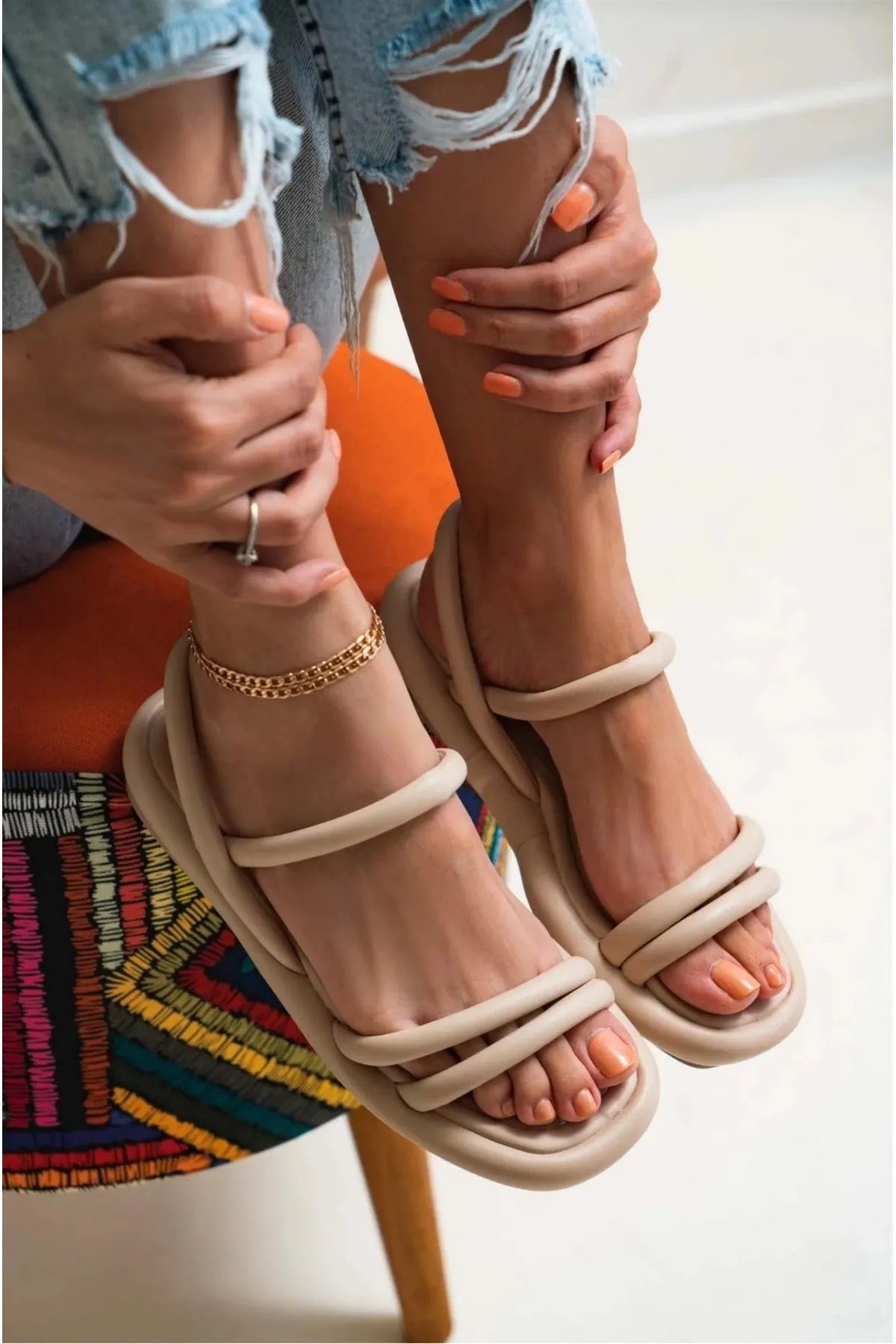 Saks Gardrop Ortapedik Kadın Nude Sandalet Rahat Kadın Sandalet Puff Sandalet Anatomik Kadin Sandalet