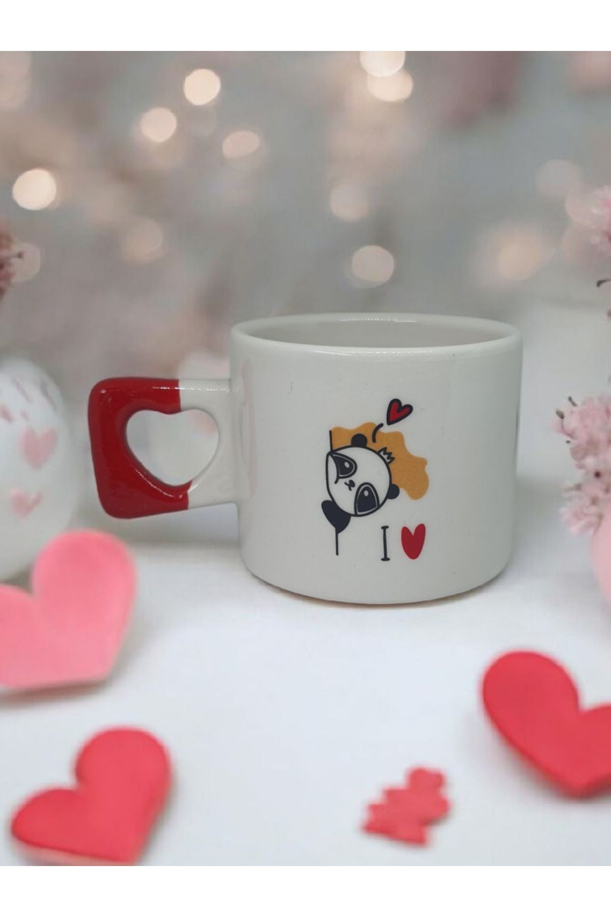 Simge Seramik Melankolik Panda Çift Taraf Çizimli Kalp Kulplu El Yapımı Doğal Seramik Mug Kupa Fincan