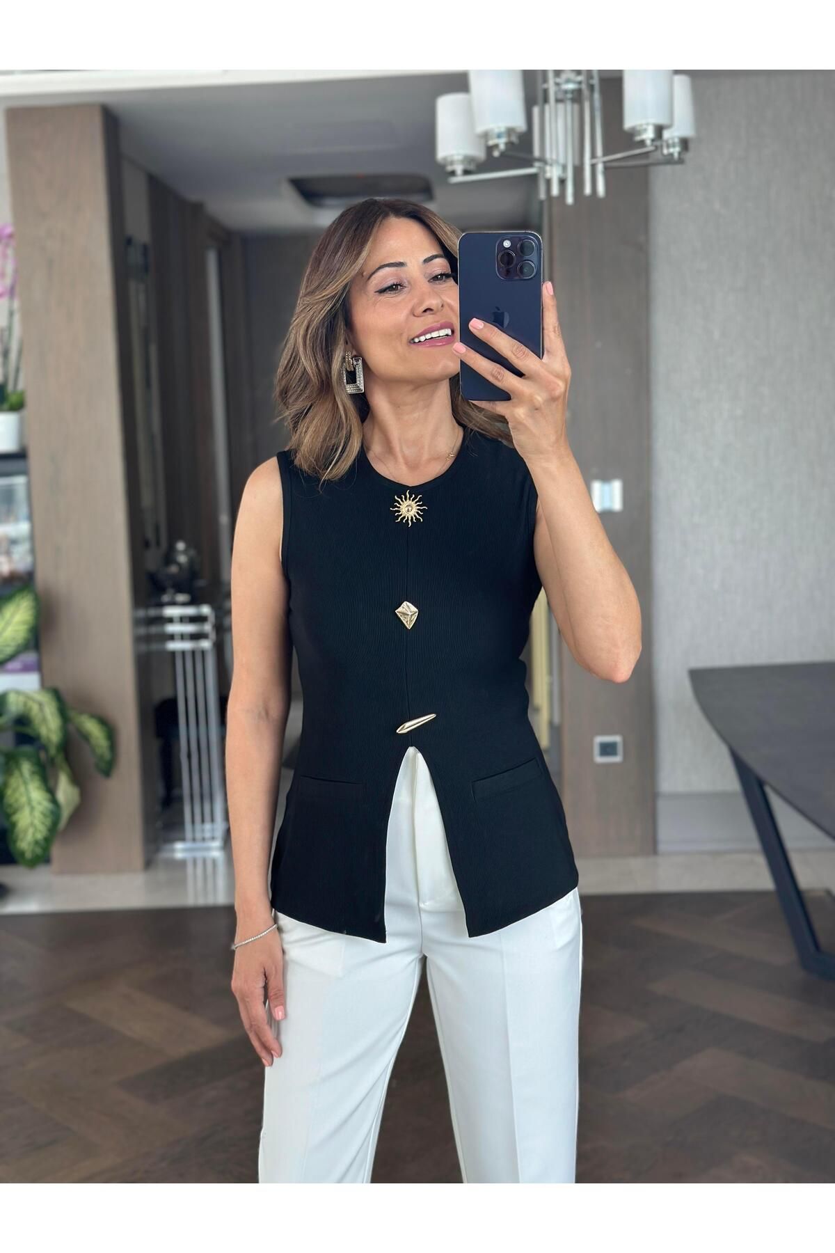 Forlady4 Siyah Sıfır Kol Güneş Serisi Ottoman Kadın Bluz