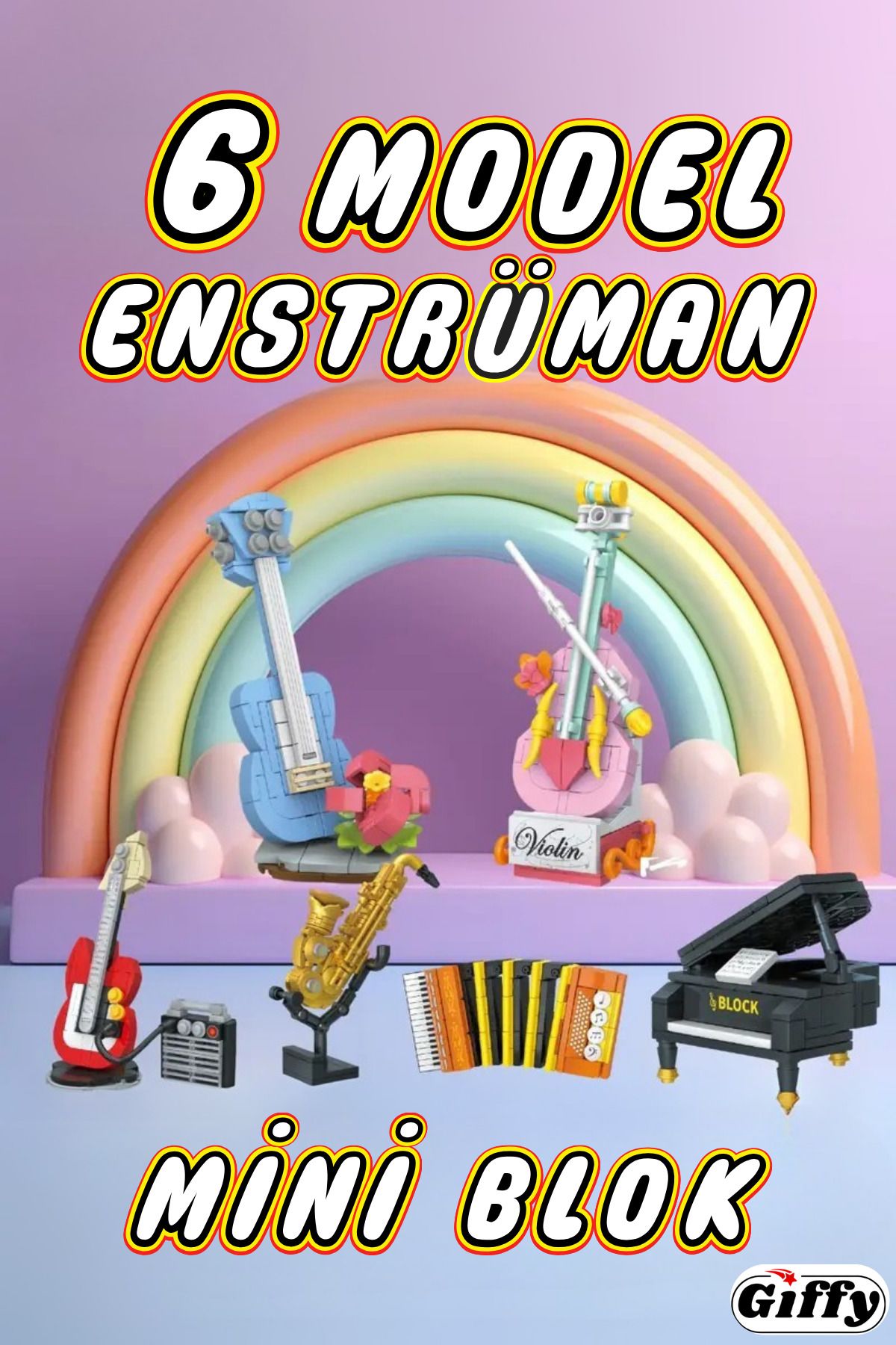 giffy 6 Model Enstrüman Müzik Aleti Mini Blok Piyano Elektro Gitar Viyolonsel Ukulele Akordiyon Saksafon