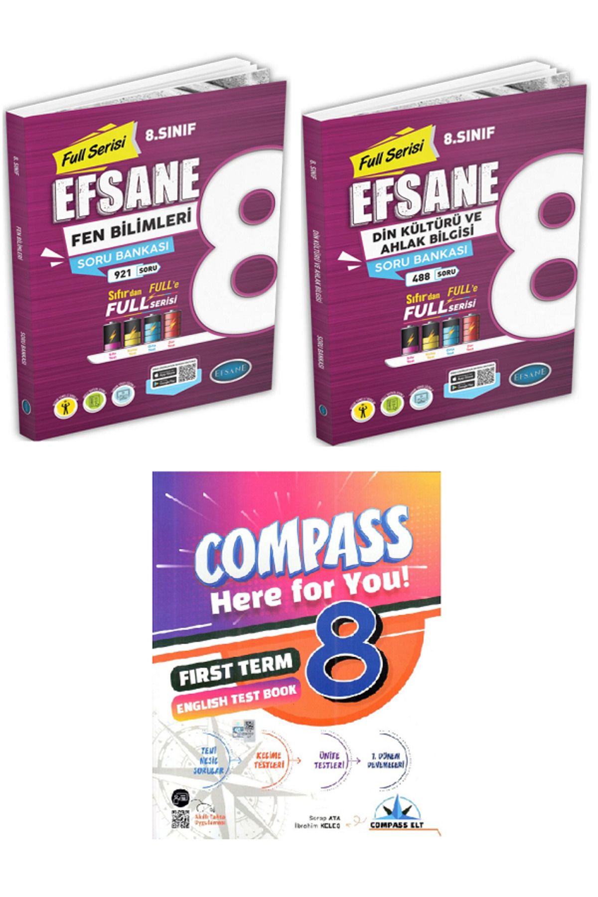 Efsane Yayınları 8.Sınıf Efsane Fen Bilimleri + Din Kültü Soru Bankası + 8.Sınıf Compass İngilzice Test Book -3 KİTAP