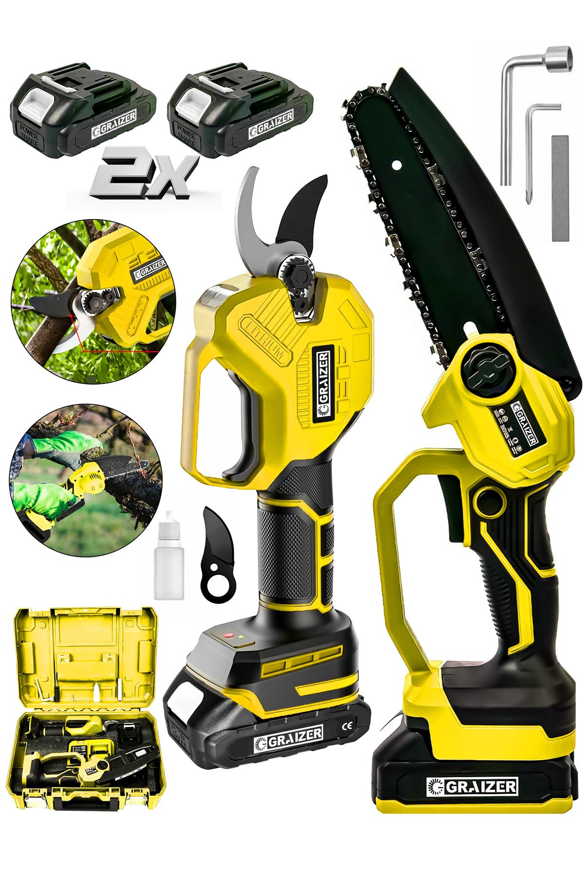 Graizer Powerforge Profesyonel 2'li Set 18v Çift Akülü Bağ Makası Ve Budama Testeresi Makinesi-Sarı