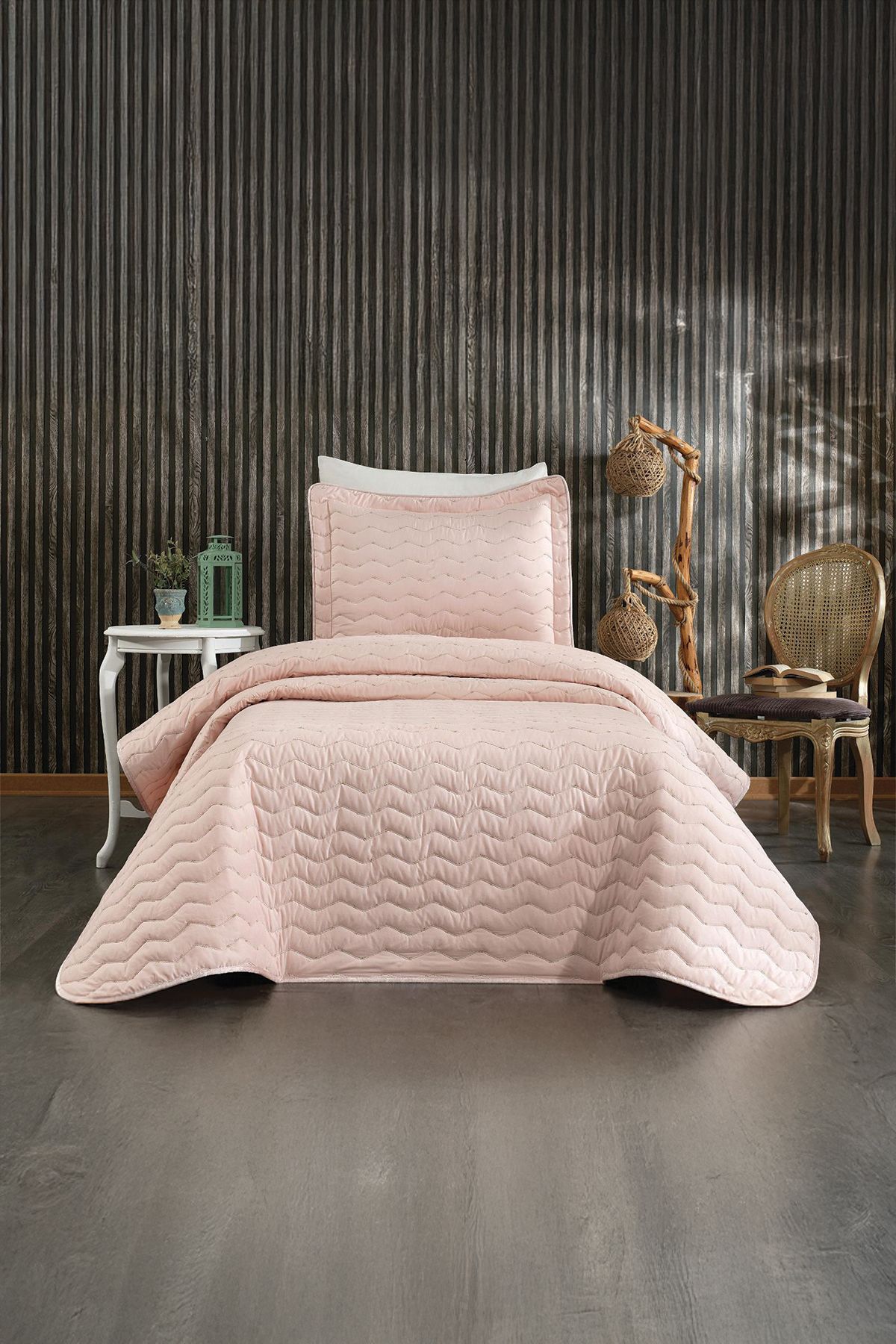 Bonny Home Pudra Ipeksi Dokulu Modern Ve Sade Tek Kişilik Yatak Örtüsü Takımı