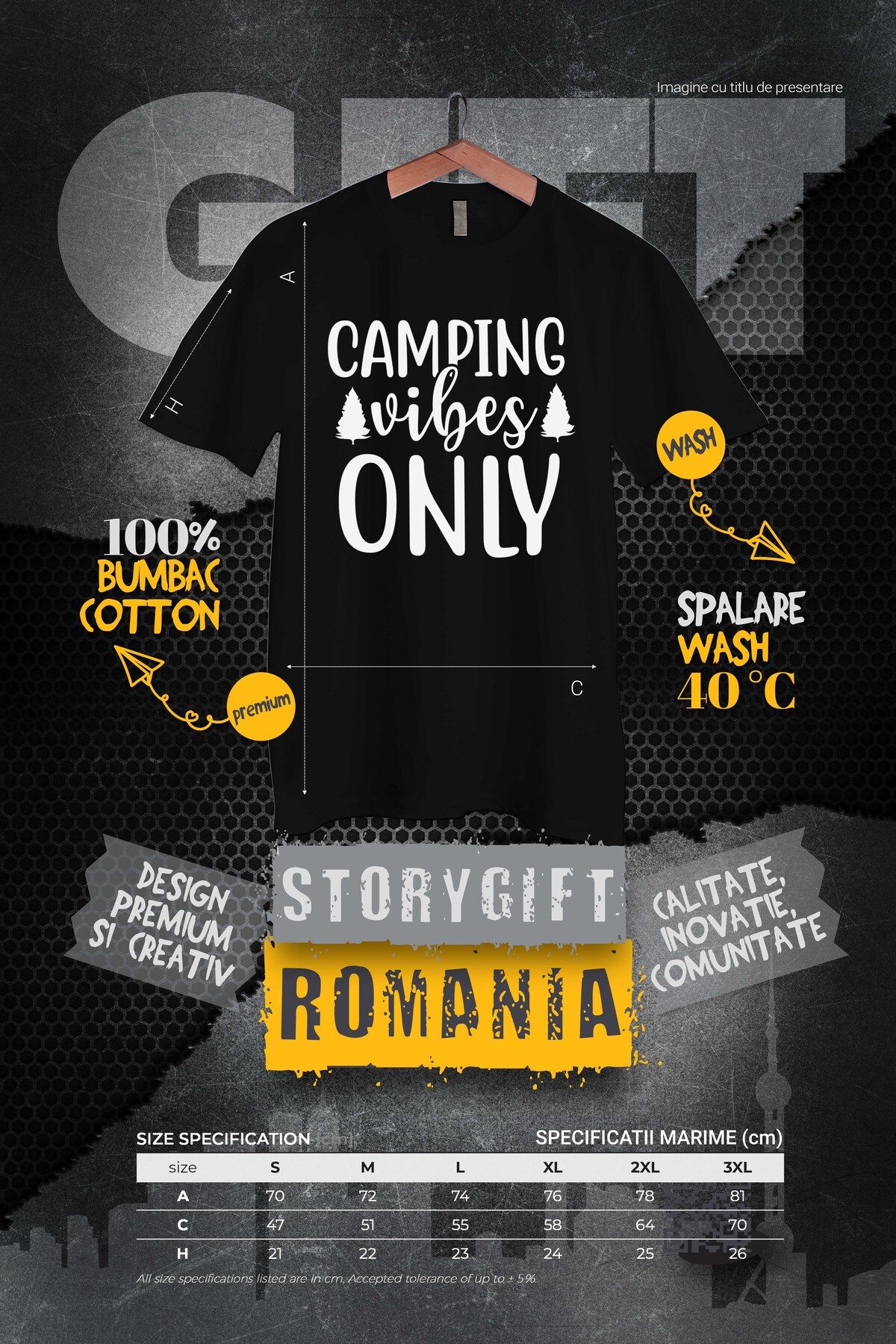StoryGift Romania-Tricou bărbătesc cu niște copaci și textul în engleză „camping Vibes Only” - Stg Vibes Only 3
