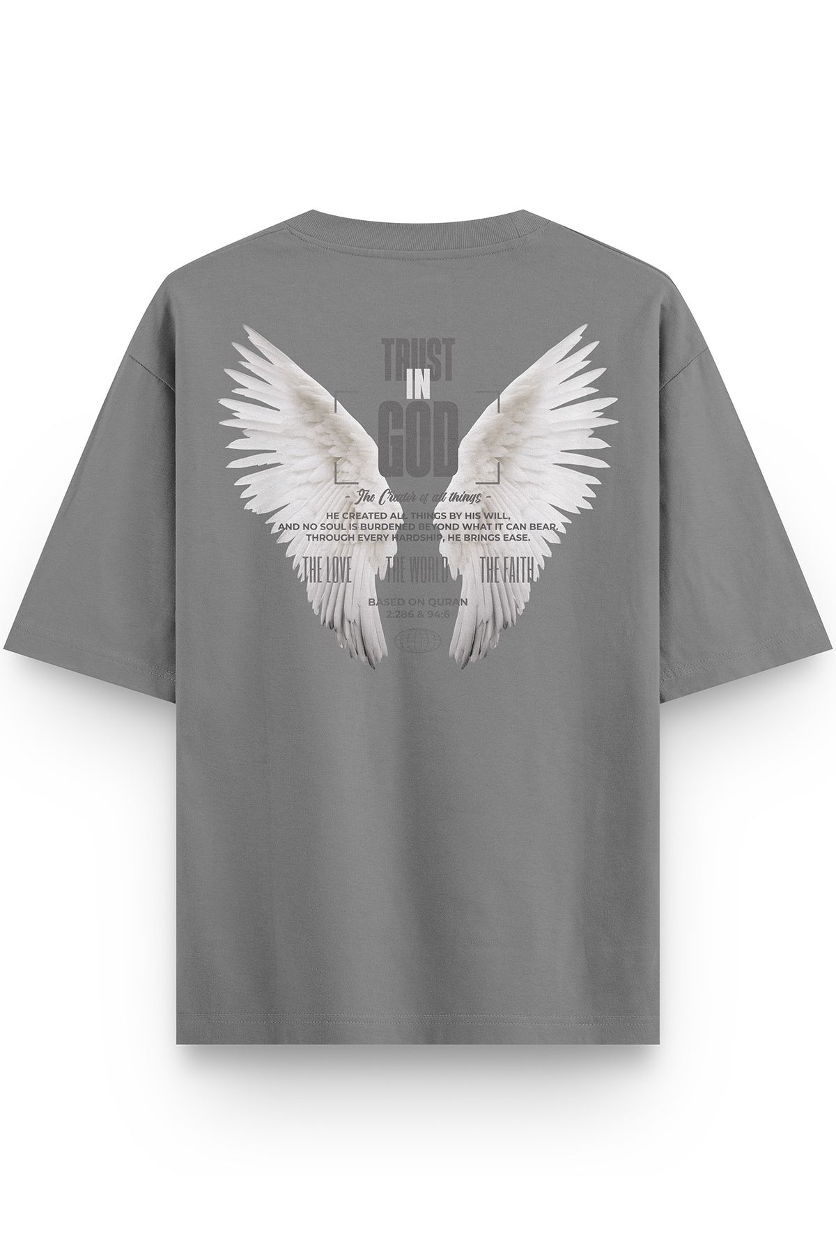 Overoz Gri Yarı Oversize Tshirt Trust in God Melek Kanadı Angel Baskılı Oversize Tişört 1387