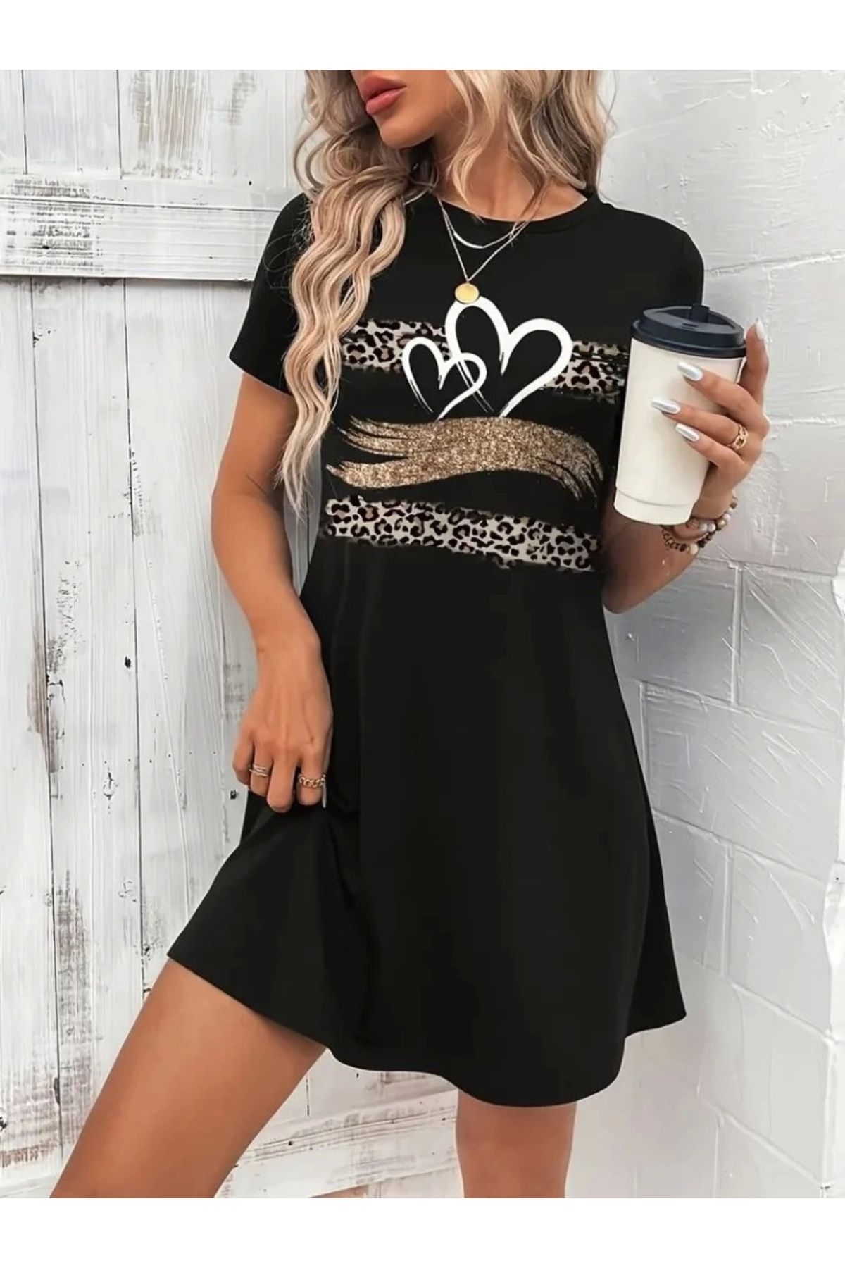 Butik Kadın Kısa Kollu Bisiklet Yaka Desenli Viskon Elbise